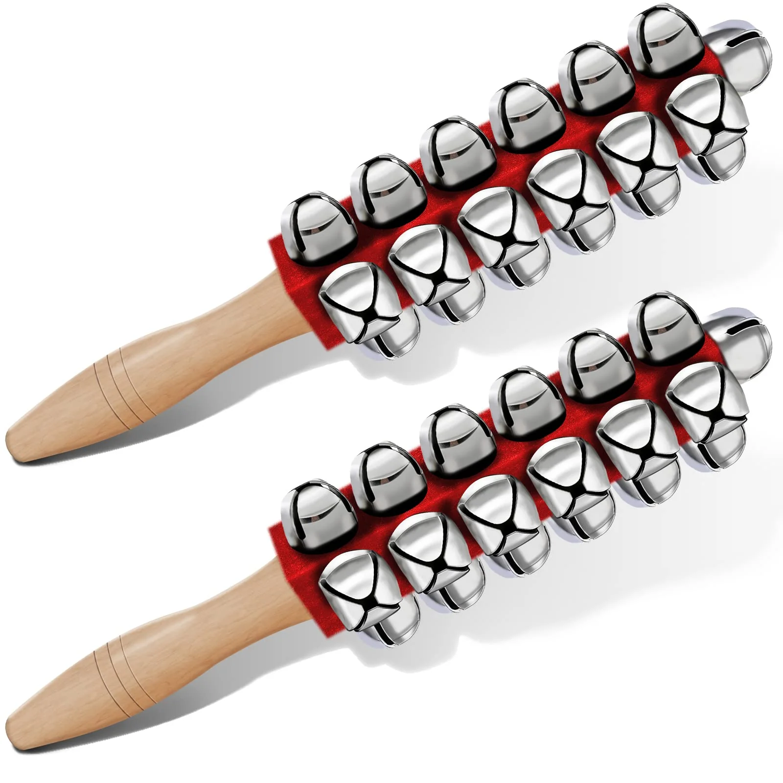 2 Pieces Christmas Hand Jingle Bells Wooden Handle Sleigh Christmas Stick Jingle Shaker Rattles Percussion Musical Bell Instruments for Kids Holiday Xmas Toys(Red)
