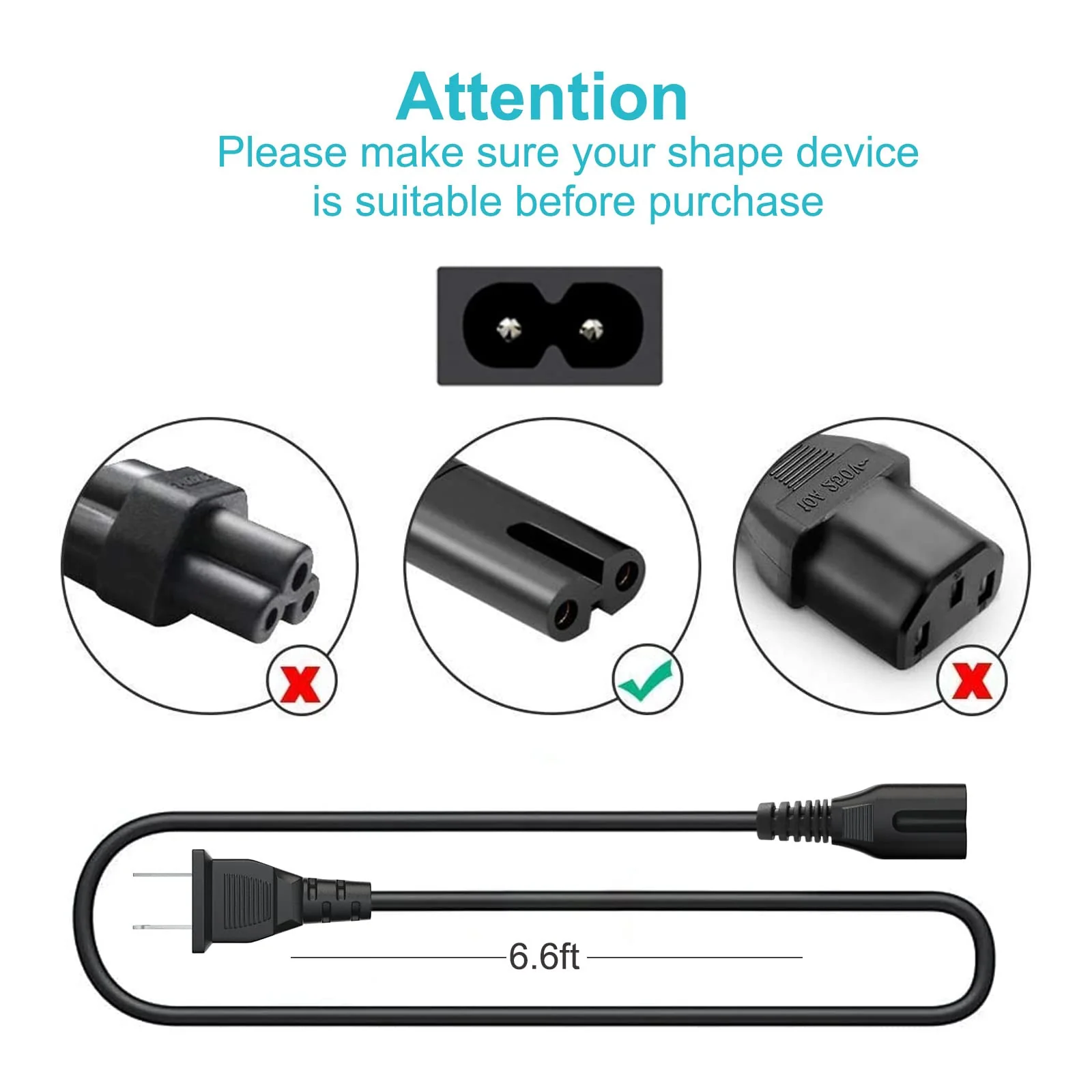 2 Prong AC Power Cord for Samsung UN40 UN43 UN48 UN49 UN50 UN55 UN60 UN65 UN70 UN75 UN78 Series 4k Smart TV P/N 3903-000599 3903-000853 3903-001117 C7 Charger Replacement AC Power Cord Cable 6.6 Feet 1 Pack - Image 4