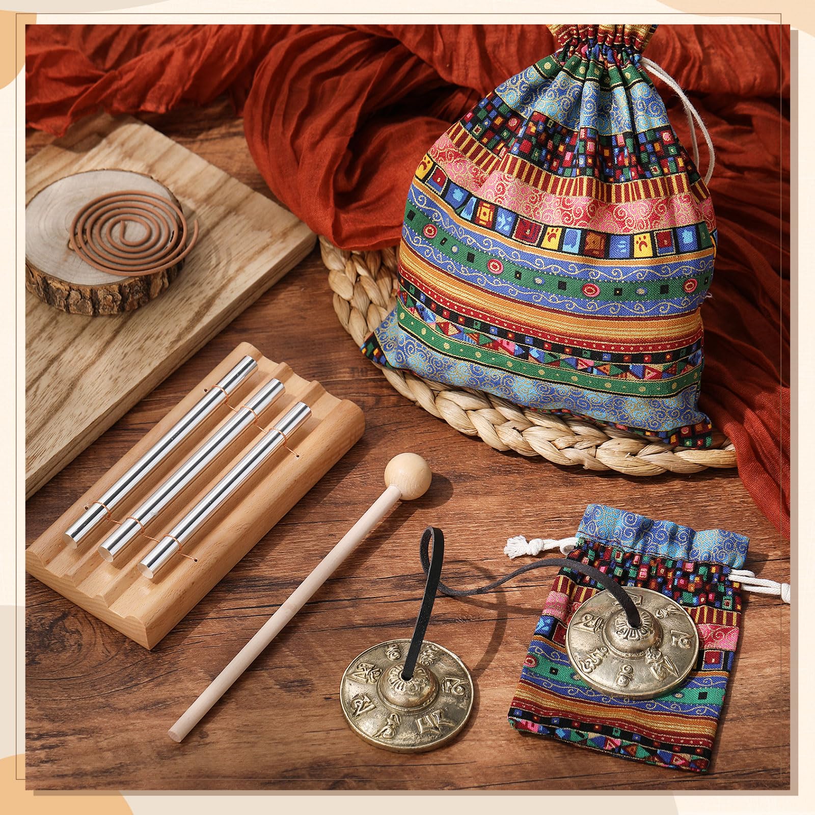 2 Sets Meditation Instruments Include Tibetan Tingsha Cymbals and Three Tone Chime Bell with Drumstick Tibetan Drawstring Cloth Bag for Percussion Yoga Prayer Teacher Classroom Gift - Image 2
