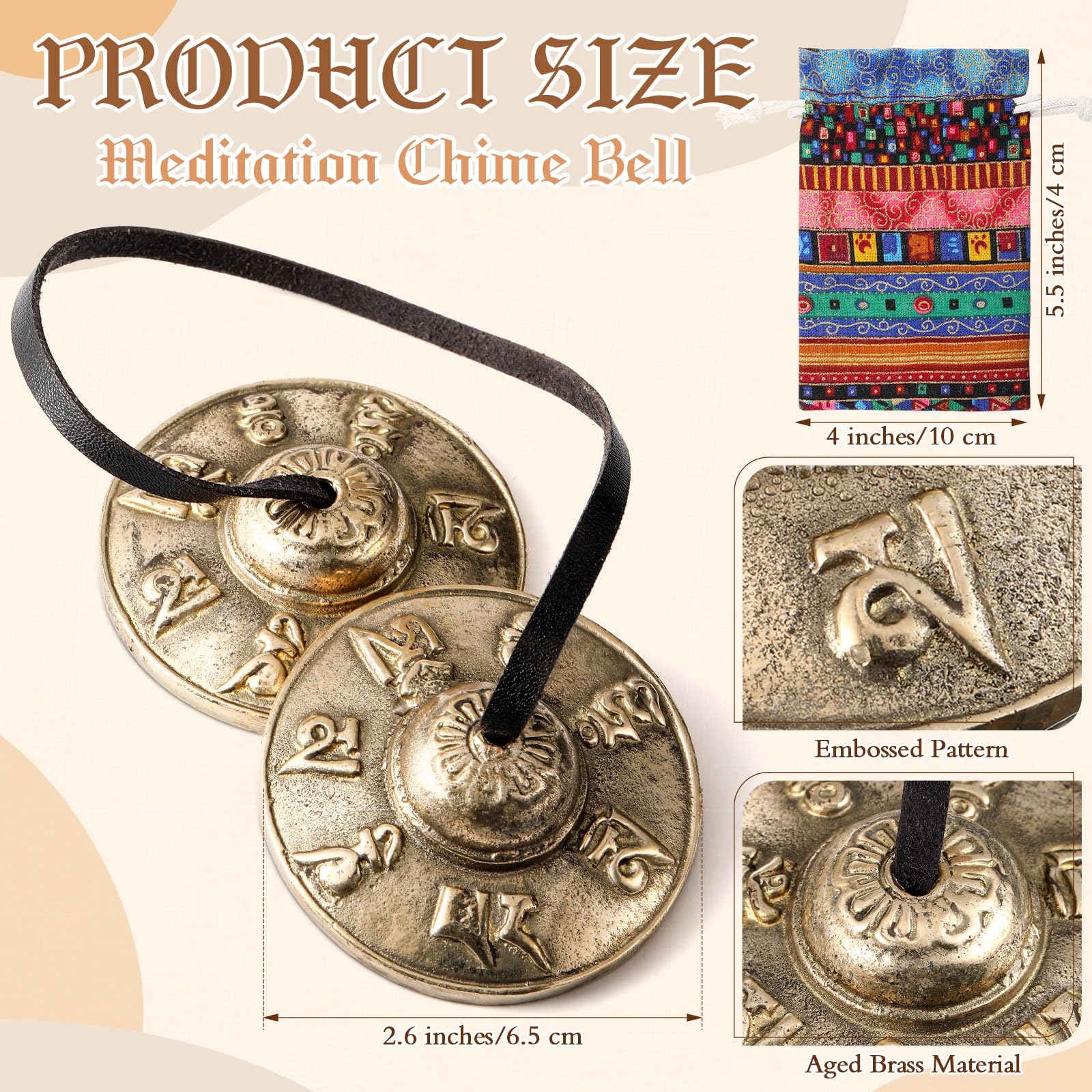 2 Sets Meditation Instruments Include Tibetan Tingsha Cymbals and Three Tone Chime Bell with Drumstick Tibetan Drawstring Cloth Bag for Percussion Yoga Prayer Teacher Classroom Gift - Image 3