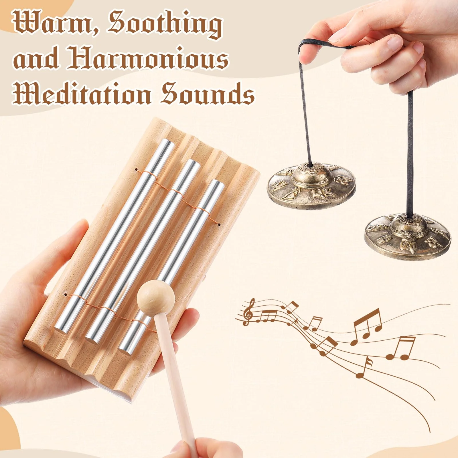 2 Sets Meditation Instruments Include Tibetan Tingsha Cymbals and Three Tone Chime Bell with Drumstick Tibetan Drawstring Cloth Bag for Percussion Yoga Prayer Teacher Classroom Gift - Image 5