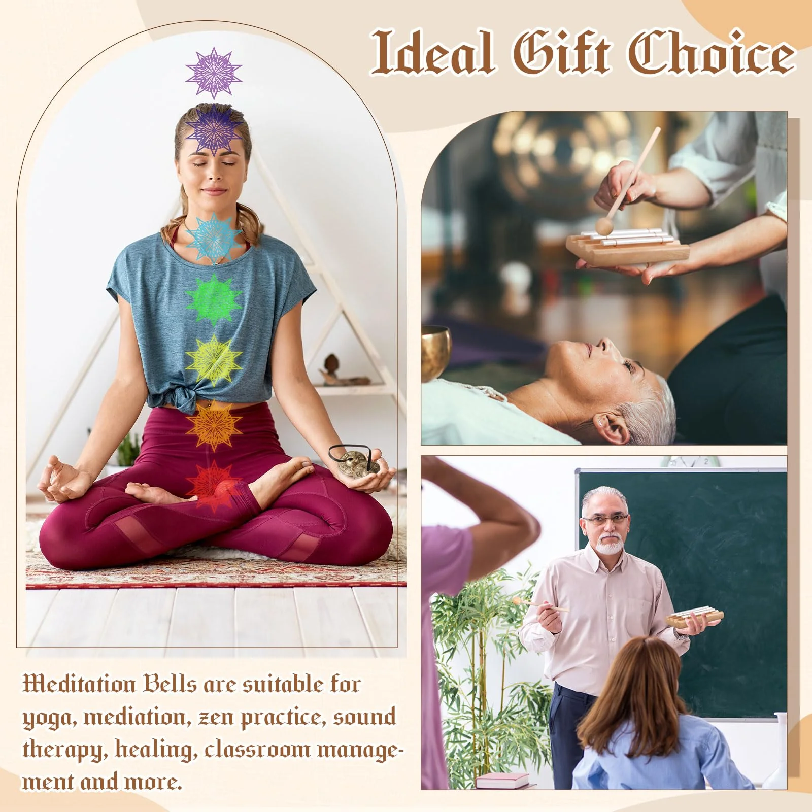 2 Sets Meditation Instruments Include Tibetan Tingsha Cymbals and Three Tone Chime Bell with Drumstick Tibetan Drawstring Cloth Bag for Percussion Yoga Prayer Teacher Classroom Gift - Image 6