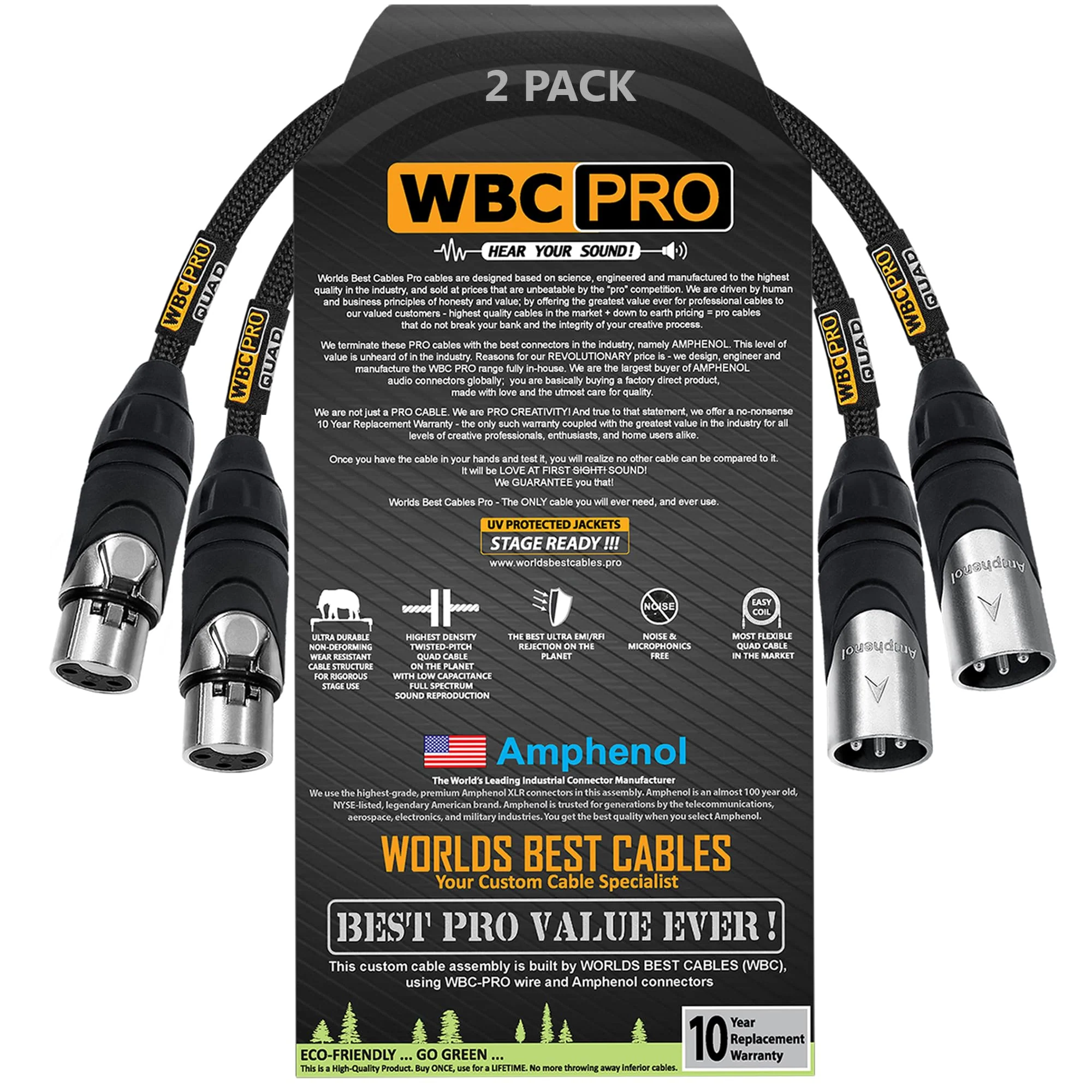 2 Units - 1 Foot - WBC-PRO-Quad Ultra-Silent Ultra-Flexible Balanced Star-Quad Cable with Amphenol Male & Female XLR Plugs & Black Tweed Jacket