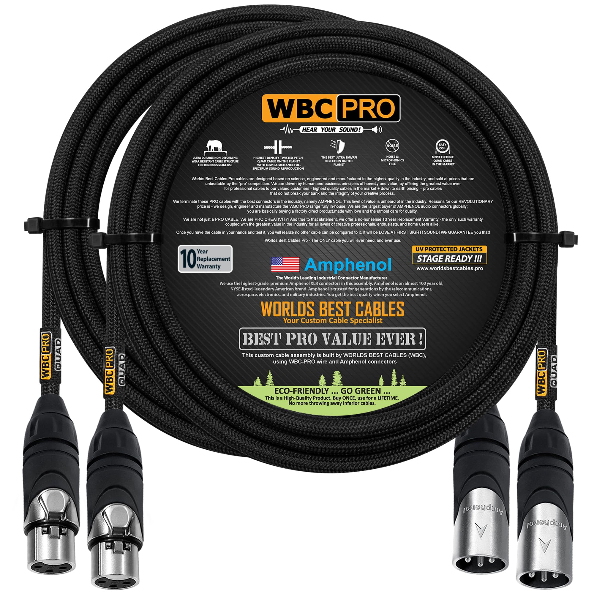 2 Units - 10 Foot - WBC-PRO-Quad Ultra-Silent Ultra-Flexible Balanced Star-Quad Cable with Amphenol Male & Female XLR Plugs & Black Tweed Jacket