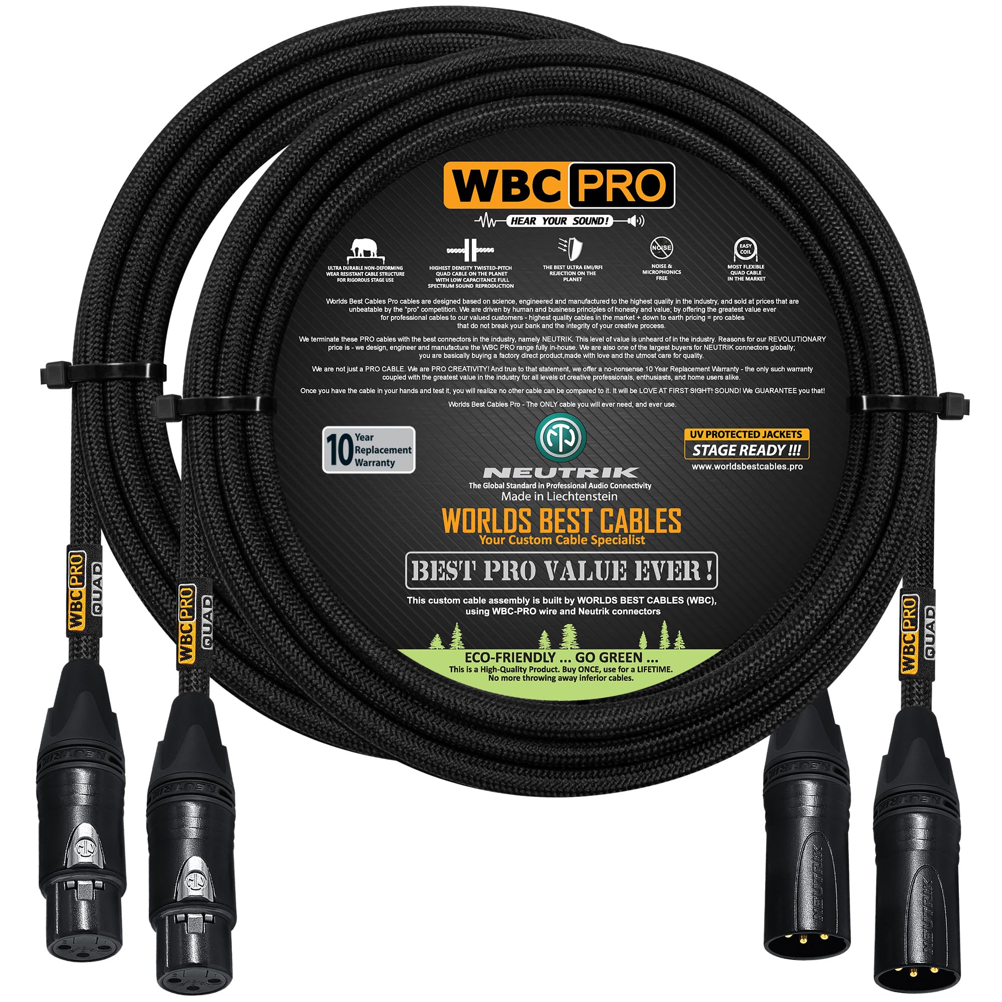 2 Units - 15 Foot - WBC-PRO-Quad Ultra-Silent Ultra-Flexible Balanced Star-Quad Cable with Neutrik Male & Female XLR Plugs & Black Tweed Jacket