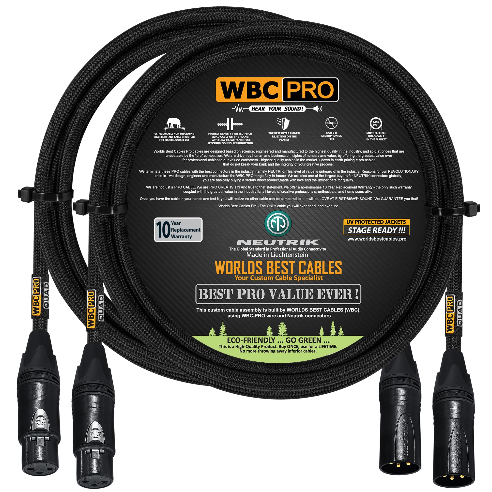2 Units - 6 Foot - WBC-PRO-Quad Ultra-Silent Ultra-Flexible Balanced Star-Quad Cable with Neutrik Male & Female XLR Plugs & Black Tweed Jacket