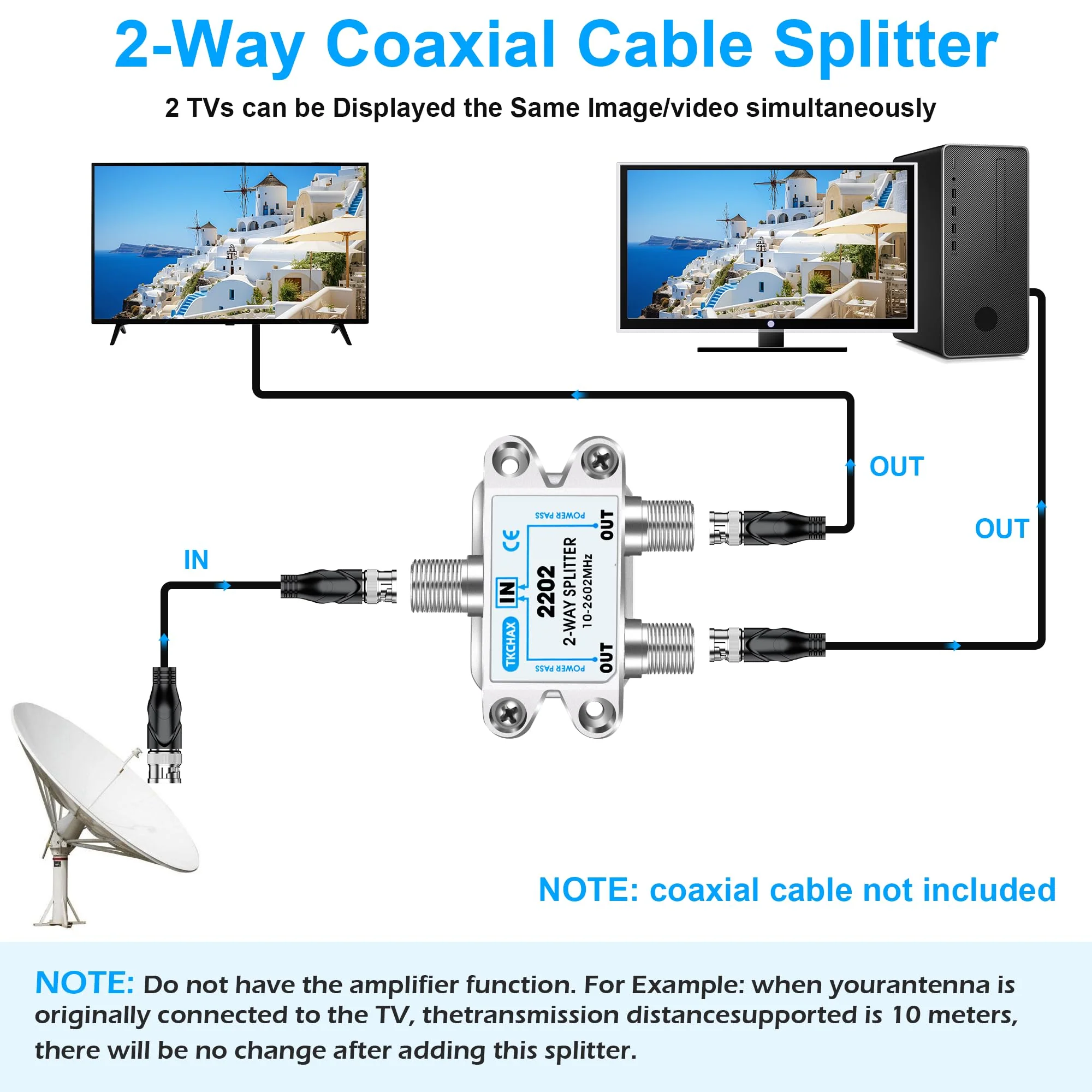 2 Way Coaxial Cable Splitter,Support 10-2602MHz, RG6 Compatible, Nickel-Plated for Cable Splitter,Work with CATV, Satellite TV,Antenna System and MoCA Configurations 2 Way Coaxial Cable Splitter - Image 3