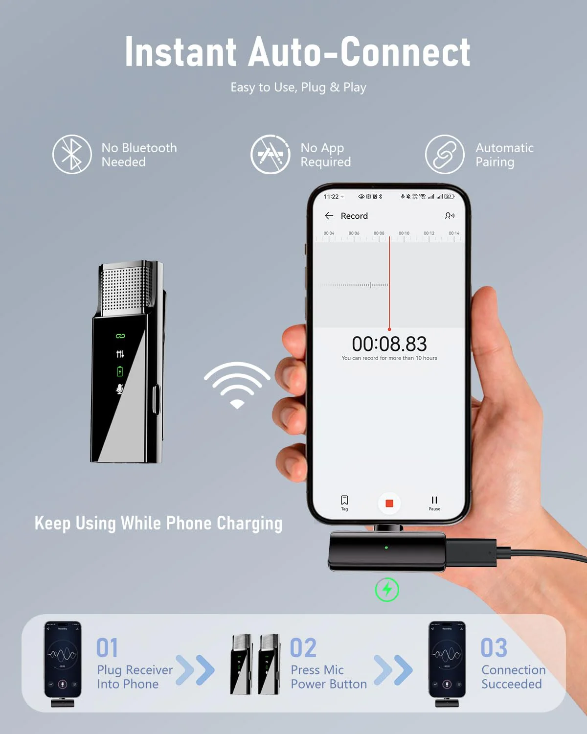2 Wireless Lavalier Microphone for iPhone Android Phone PC, Pro Lapel Mic System Mini, USB-C/Lightning, 48KHz 24Bit, 30H Battery, Noise Cancelling,Reverb for Video Recording Podcast Stream Vlog - Image 7