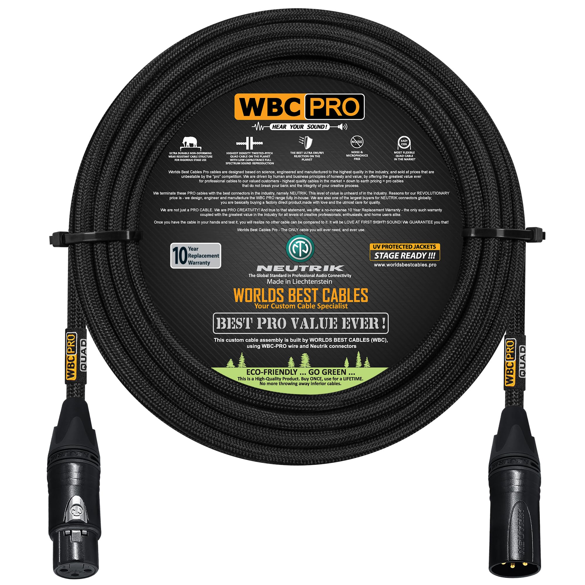 20 Foot - WBC-PRO-Quad Ultra-Silent Ultra-Flexible Balanced Star-Quad Cable with Neutrik Male & Female XLR Plugs & Black Tweed Jacket