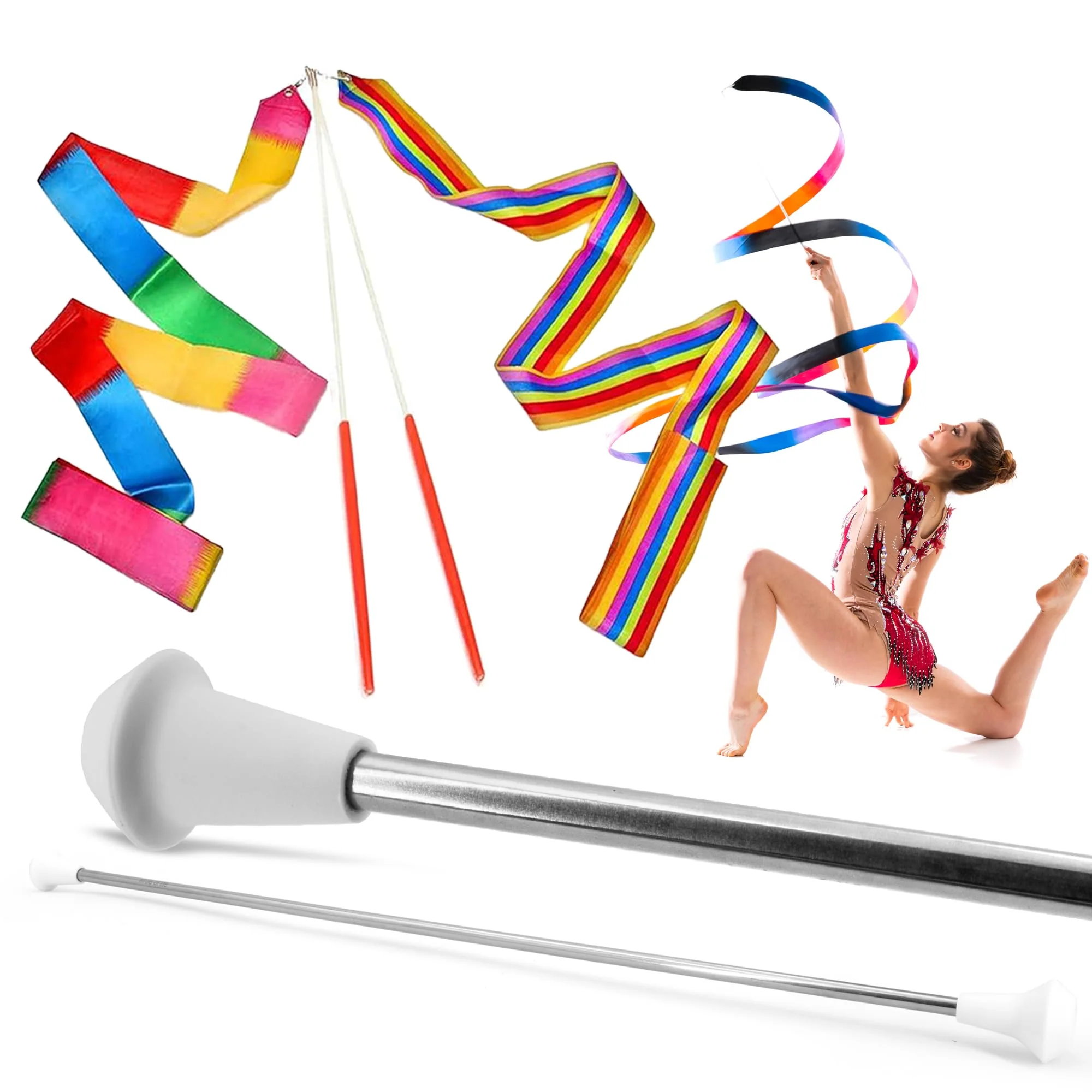 20 inch Twirling Marching Baton in Stainless Steel with Rubberized Ends Mini Shaft 3/8 with 2 Dancing Ribbons (20 Inch) 20 Inch