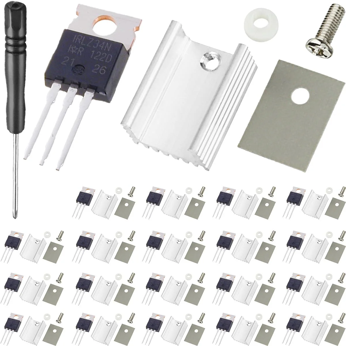 20 pcs IRLZ34N Mosfet Transistor N-Channel 30A 55V IRLZ34NPBF in-line MOSFET Transistor TO-220AB with Aluminum Heatsink Screwdriver Mounting Kits,for DIY