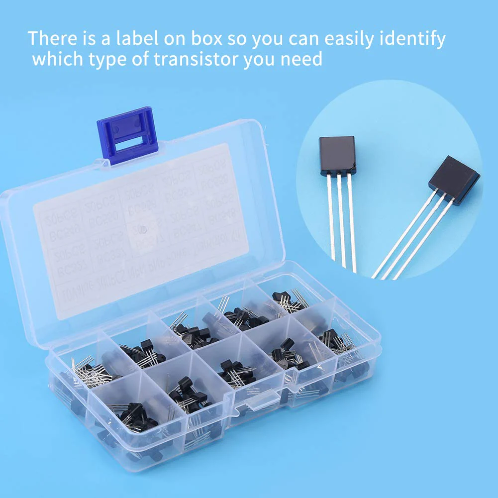 200 Pieces TO-92 Silicon NPN PNP Power Transistor Assortment Kit Set with Plastic Storage Box 10 Values (BC327 BC337 BC517 BC547 BC548 BC549 BC550 BC556 BC557 BC558) - Image 4
