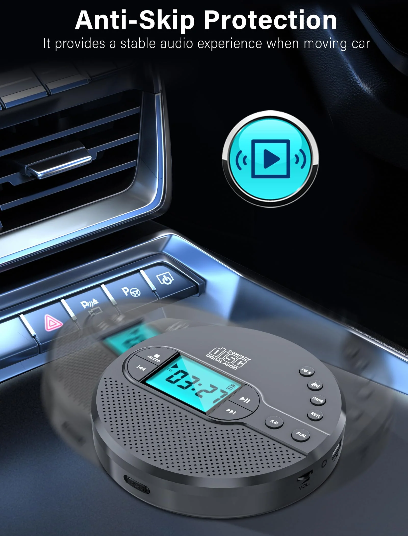 2000mAh Rechargeable Discman CD Player:Walkman CD Player with Bluetooth FM Transmitter,Headphones,LCD Screen,AUX,Built-in Speaker,USB-Portable Personal CD Player Anti-Skip Protection for Car CD35 Grey - Image 6
