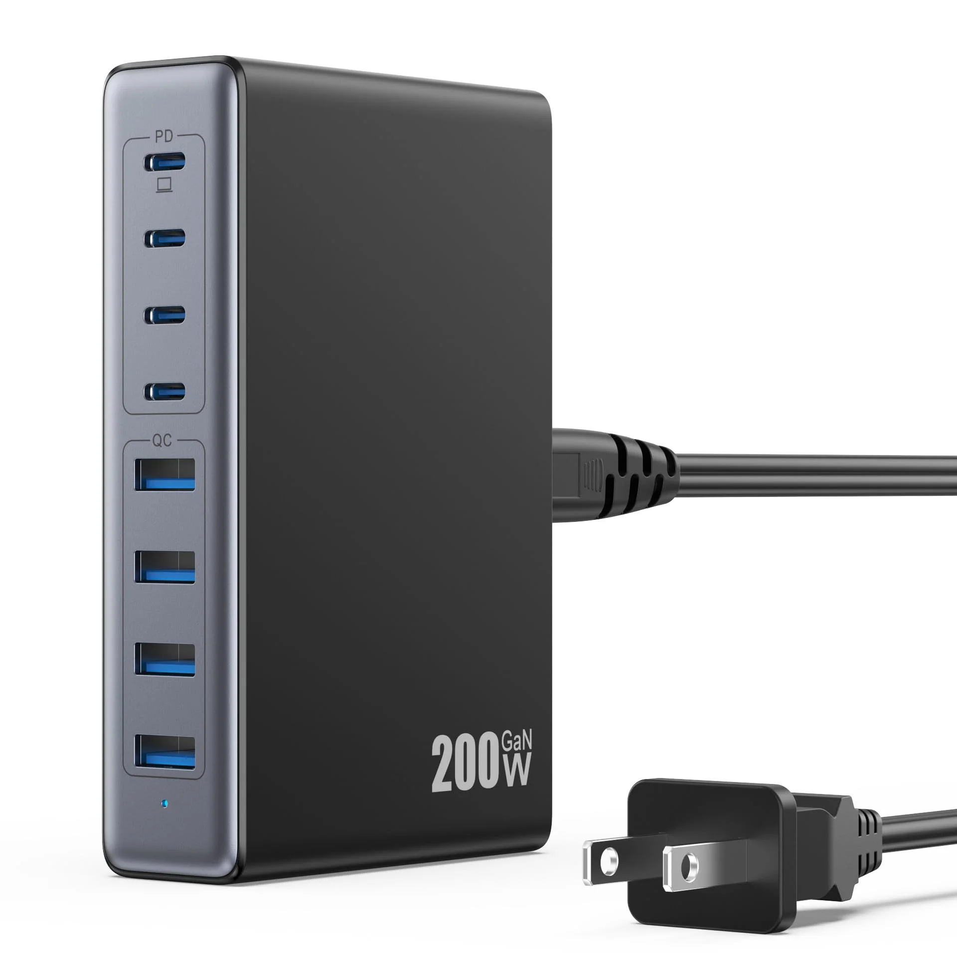 200W USB C Charger Block,GaN III USB Charging Station 8 Ports,QC4.0 Fast Charging Station Hub+PD 65W USB C Laptop Charger Adapter Compatible with MacBook Pro,DELL,iPhone 16/15,iPad,Steam Deck-Black Black