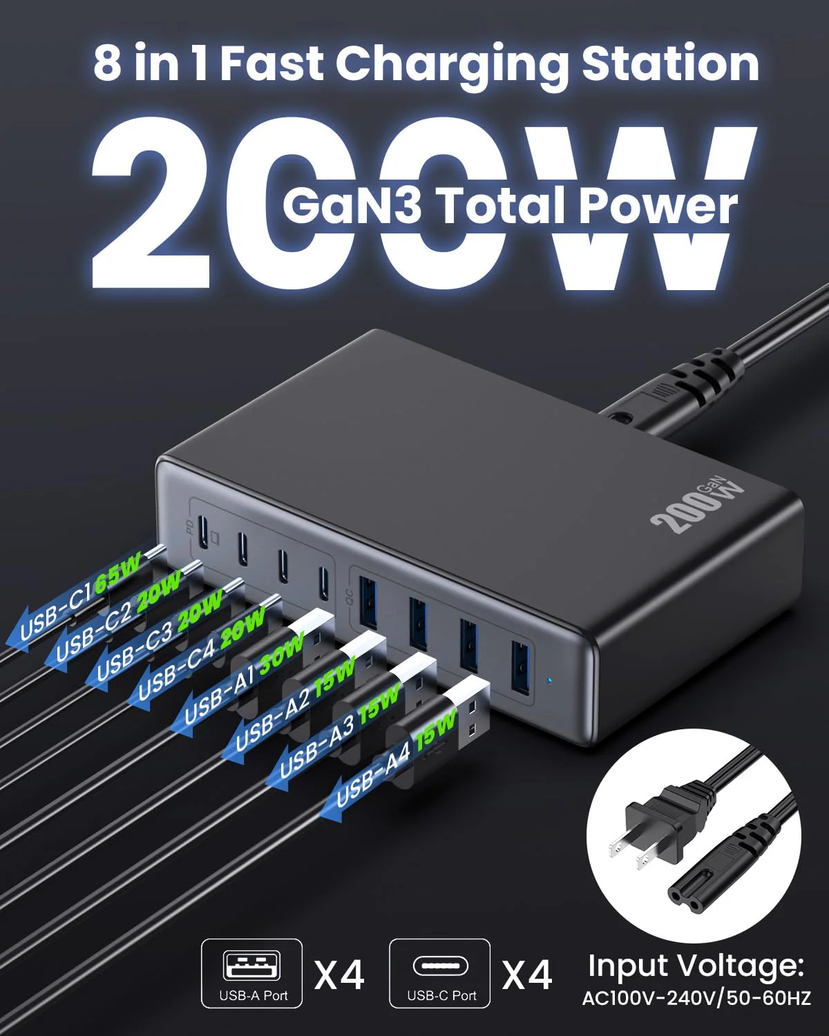 200W USB C Charger Block,GaN III USB Charging Station 8 Ports,QC4.0 Fast Charging Station Hub+PD 65W USB C Laptop Charger Adapter Compatible with MacBook Pro,DELL,iPhone 16/15,iPad,Steam Deck-Black Black - Image 2