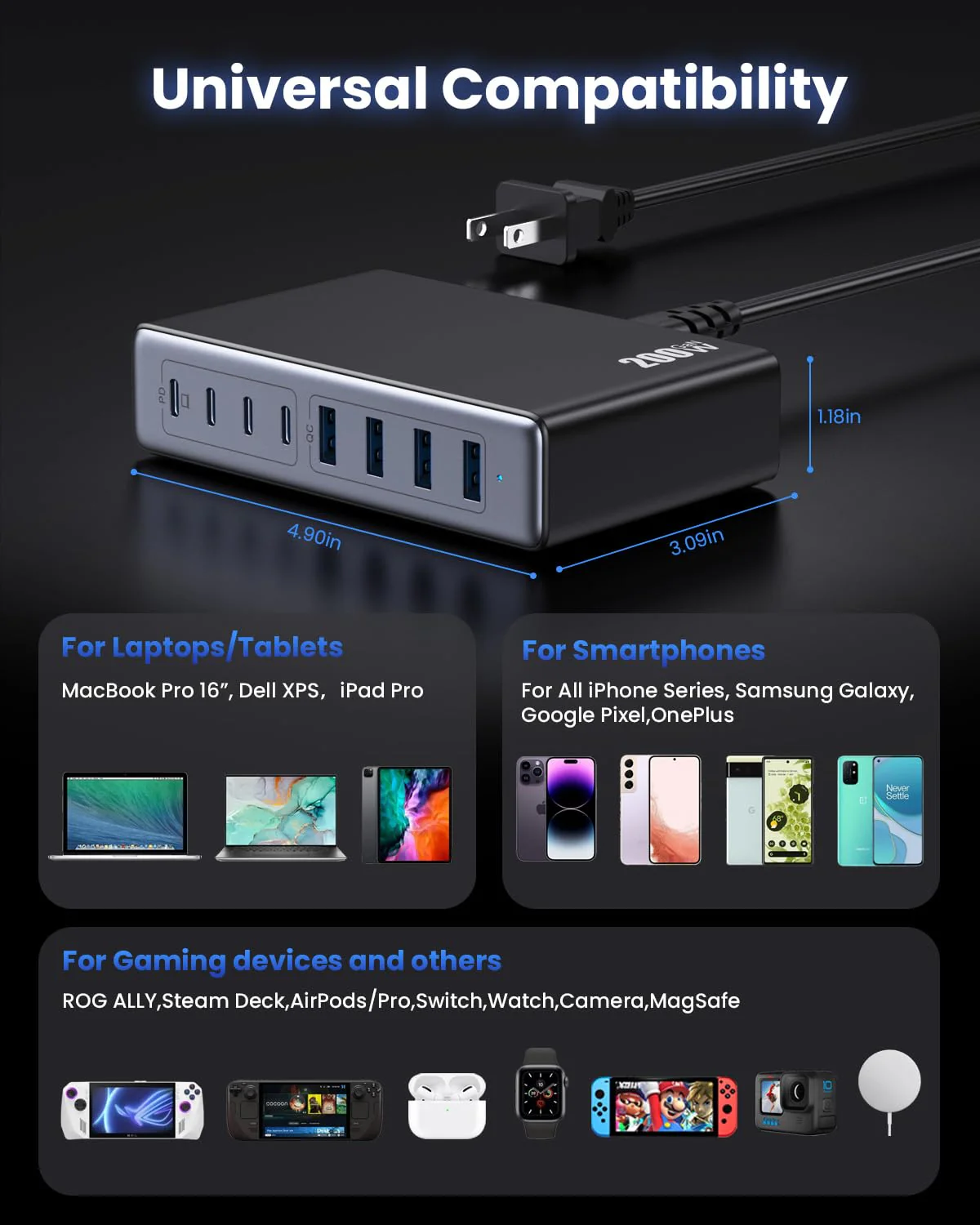 200W USB C Charger Block,GaN III USB Charging Station 8 Ports,QC4.0 Fast Charging Station Hub+PD 65W USB C Laptop Charger Adapter Compatible with MacBook Pro,DELL,iPhone 16/15,iPad,Steam Deck-Black Black - Image 3