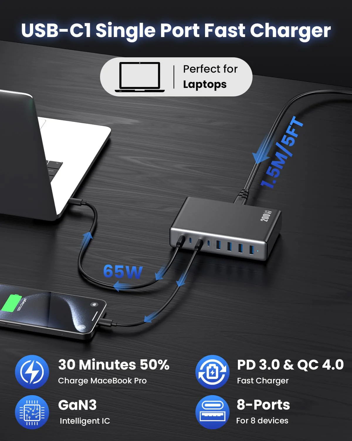 200W USB C Charger Block,GaN III USB Charging Station 8 Ports,QC4.0 Fast Charging Station Hub+PD 65W USB C Laptop Charger Adapter Compatible with MacBook Pro,DELL,iPhone 16/15,iPad,Steam Deck-Black Black - Image 6