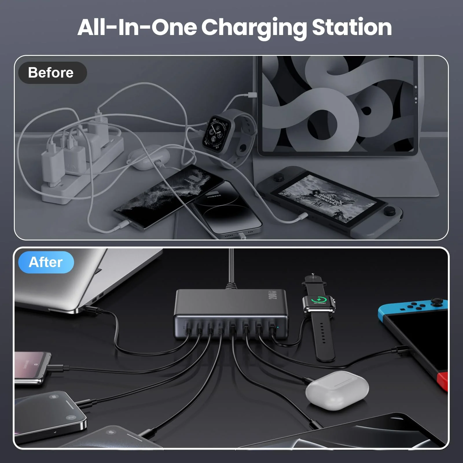 200W USB C Charger Block,GaN III USB Charging Station 8 Ports,QC4.0 Fast Charging Station Hub+PD 65W USB C Laptop Charger Adapter Compatible with MacBook Pro,DELL,iPhone 16/15,iPad,Steam Deck-Black Black - Image 8