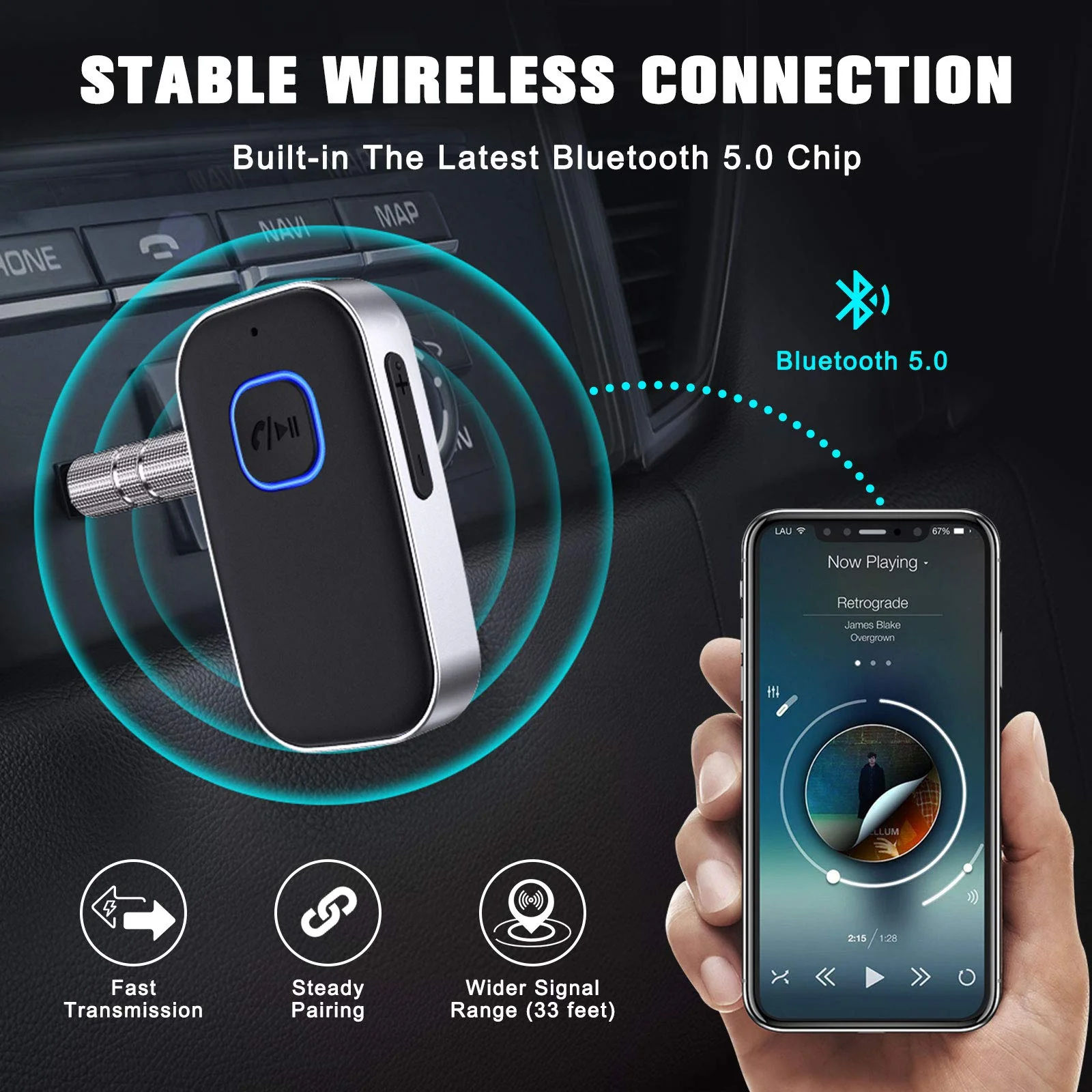 [2021 Upgraded] COMSOON Bluetooth 5.0 Receiver for Car, Noise Cancelling Bluetooth AUX Adapter, Bluetooth Music Receiver for Home Stereo/Wired Headphones/Hands-Free Call,16H Battery Life-Black+Silver - Image 3