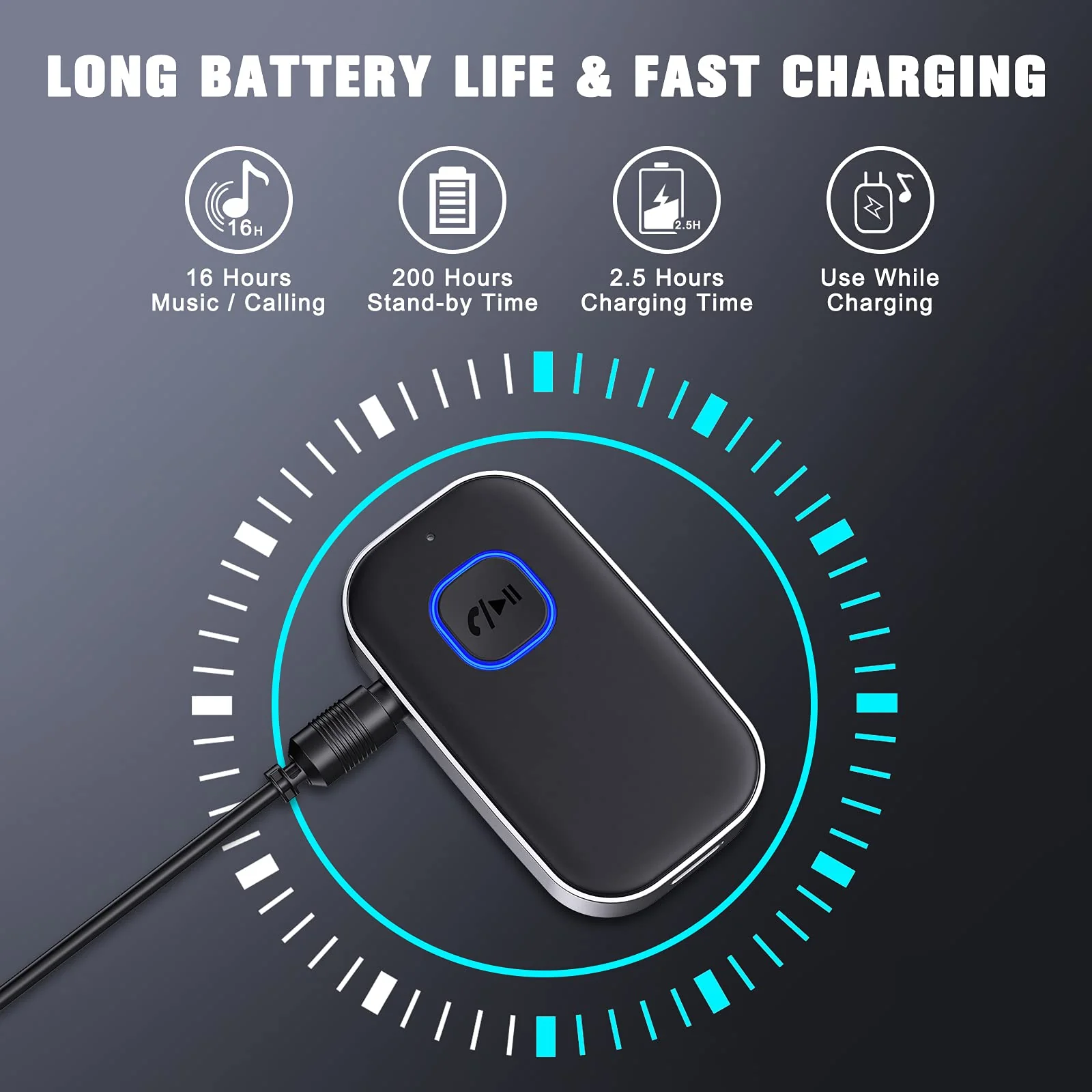 [2021 Upgraded] COMSOON Bluetooth 5.0 Receiver for Car, Noise Cancelling Bluetooth AUX Adapter, Bluetooth Music Receiver for Home Stereo/Wired Headphones/Hands-Free Call,16H Battery Life-Black+Silver - Image 5