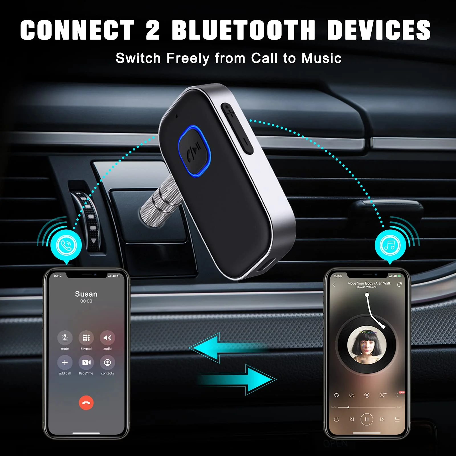 [2021 Upgraded] COMSOON Bluetooth 5.0 Receiver for Car, Noise Cancelling Bluetooth AUX Adapter, Bluetooth Music Receiver for Home Stereo/Wired Headphones/Hands-Free Call,16H Battery Life-Black+Silver - Image 7