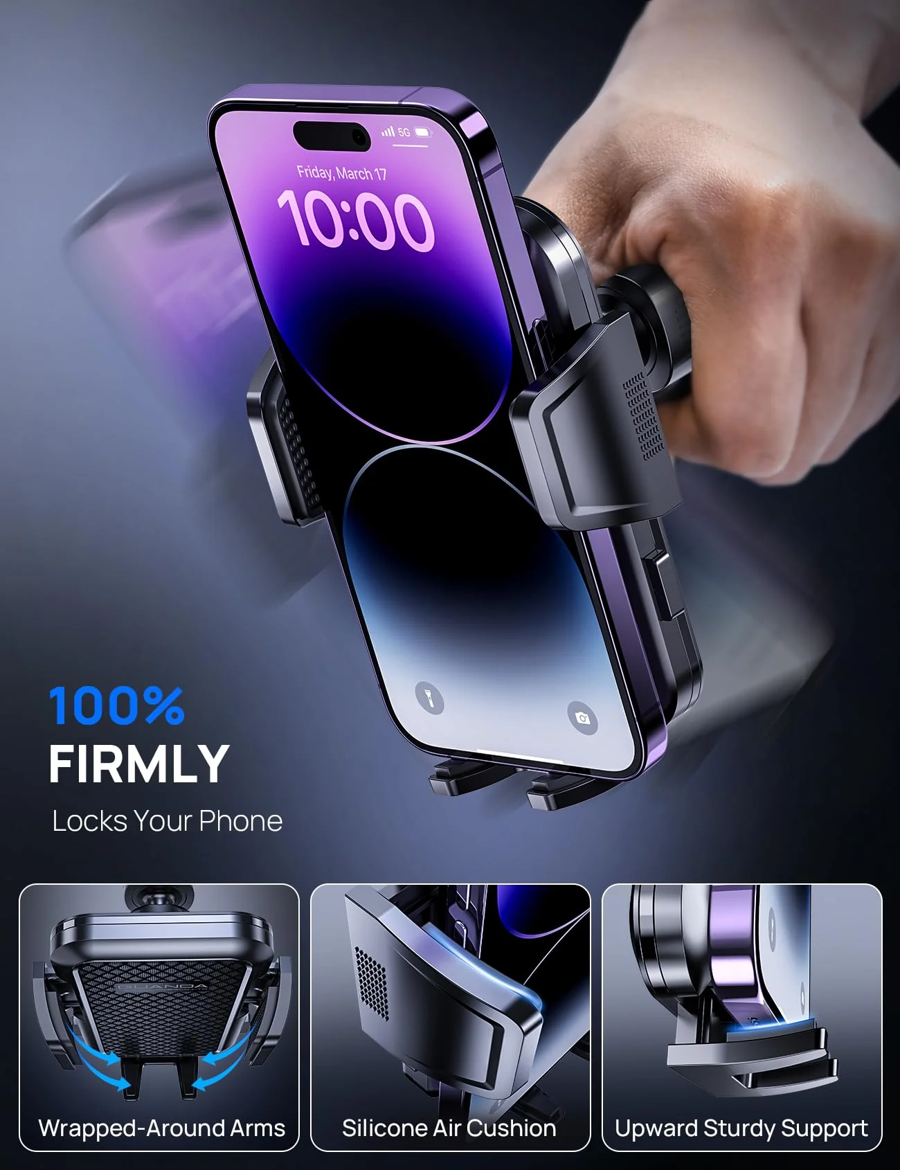 [2024 Newest] Car Vent Phone Mount, [Upgrade Hook Clip Never Shake] Adjustable 360 Rotation Vent Clip Car Phone Holder Mount, Big Phone & Thick Case Friendly Fit for All iPhone, Samsung & Cell Phone AC-Black Air Vent Hook - Image 4