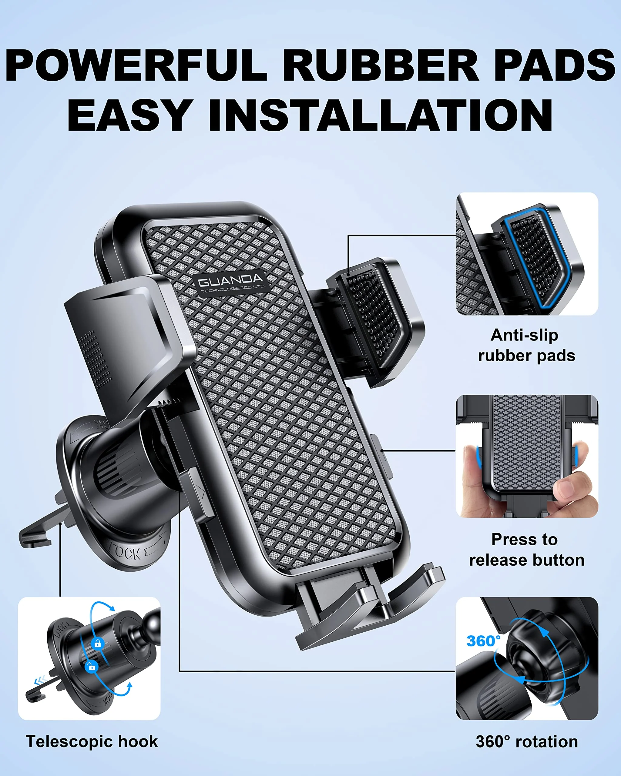 [2024 Newest] Car Vent Phone Mount, [Upgrade Hook Clip Never Shake] Adjustable 360 Rotation Vent Clip Car Phone Holder Mount, Big Phone & Thick Case Friendly Fit for All iPhone, Samsung & Cell Phone AC-Black Air Vent Hook - Image 8