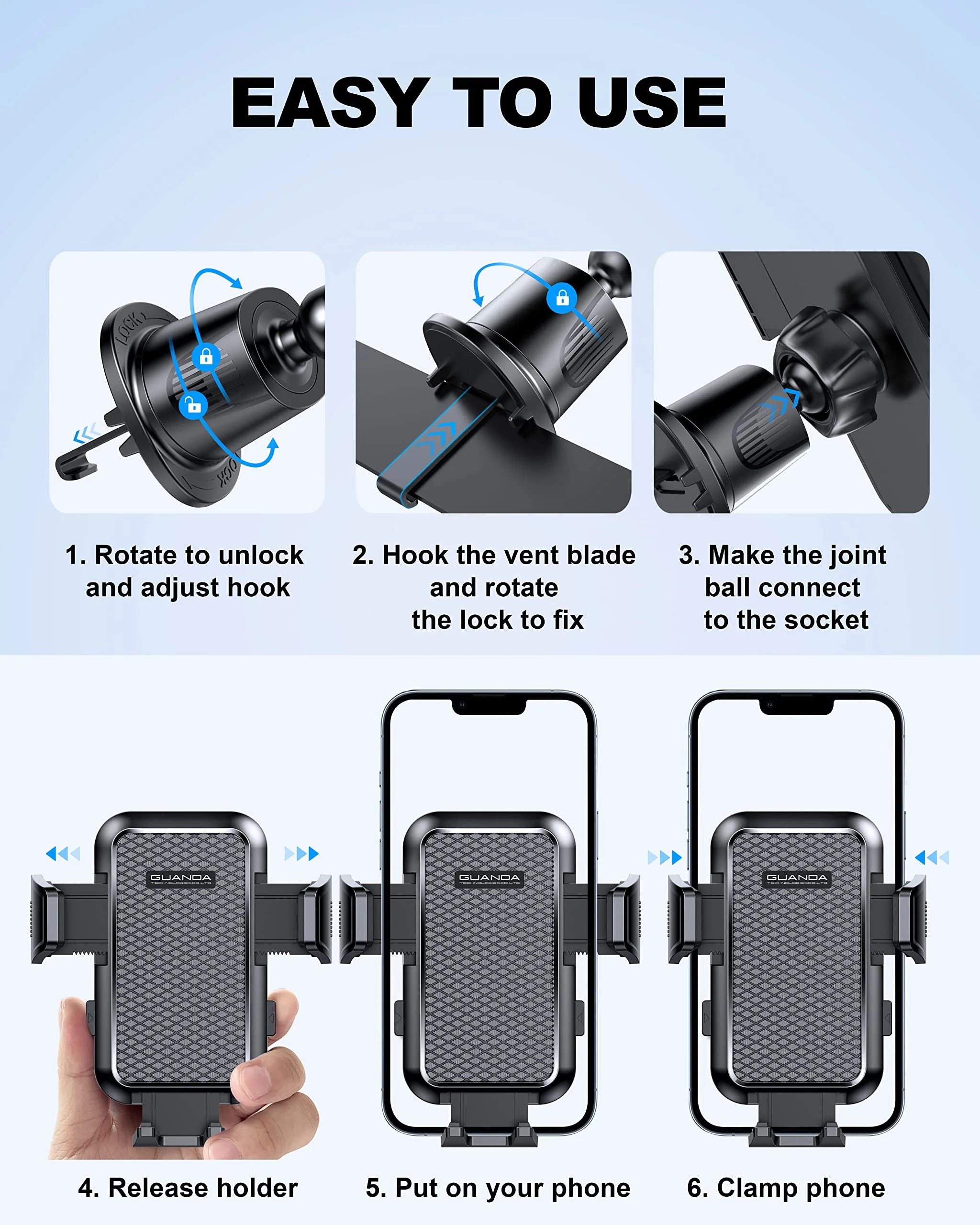 [2024 Newest] Car Vent Phone Mount, [Upgrade Hook Clip Never Shake] Adjustable 360 Rotation Vent Clip Car Phone Holder Mount, Big Phone & Thick Case Friendly Fit for All iPhone, Samsung & Cell Phone AC-Black Air Vent Hook - Image 9