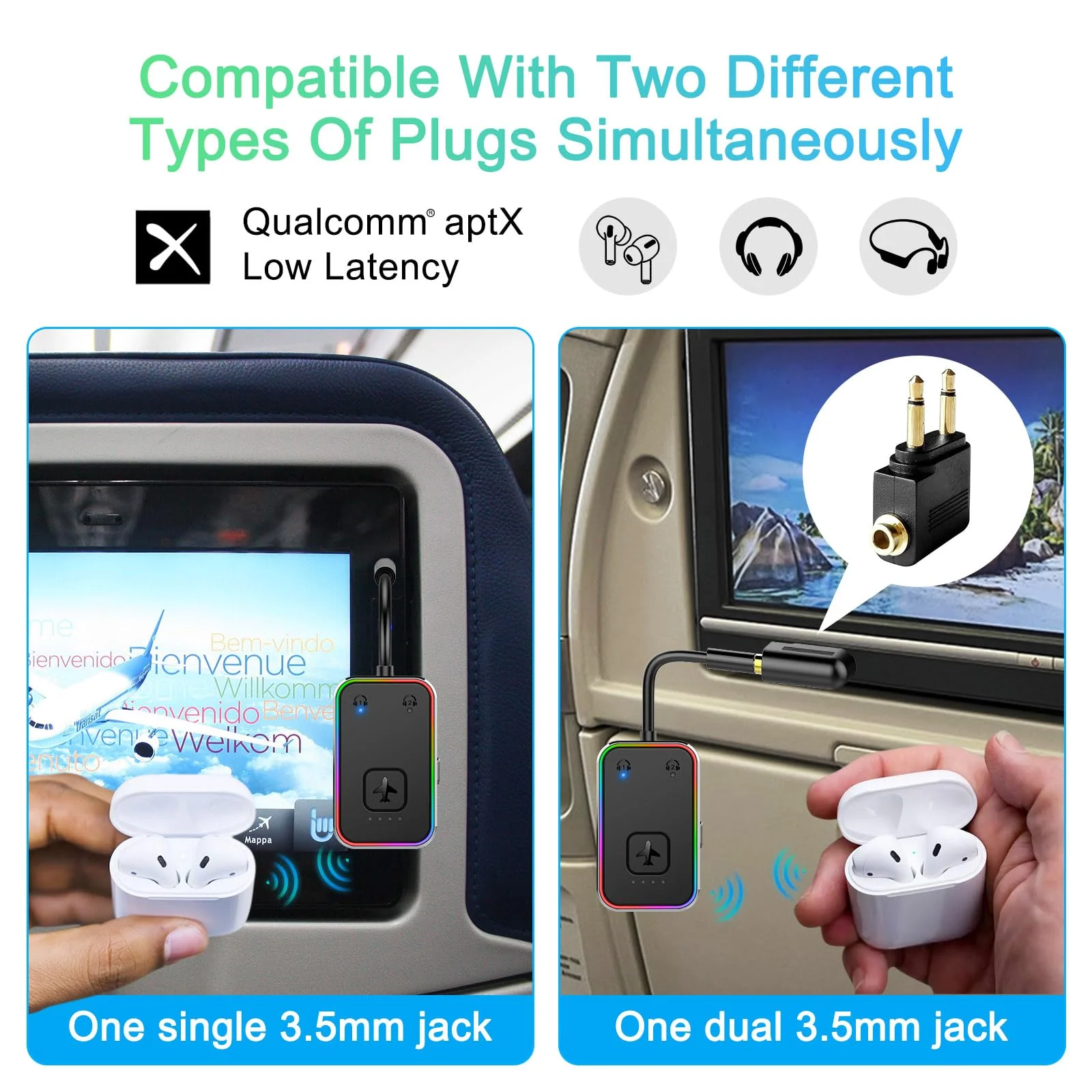2024 Upgraded Pro Airplane Bluetooth 5.4 Transmitter for All Headphones, aptX LL, Supports 2 Headphones/AirPods, Wireless Audio Adapter for in-Flight, TV, Gym, Tablets,Metal Frame Black - Image 3