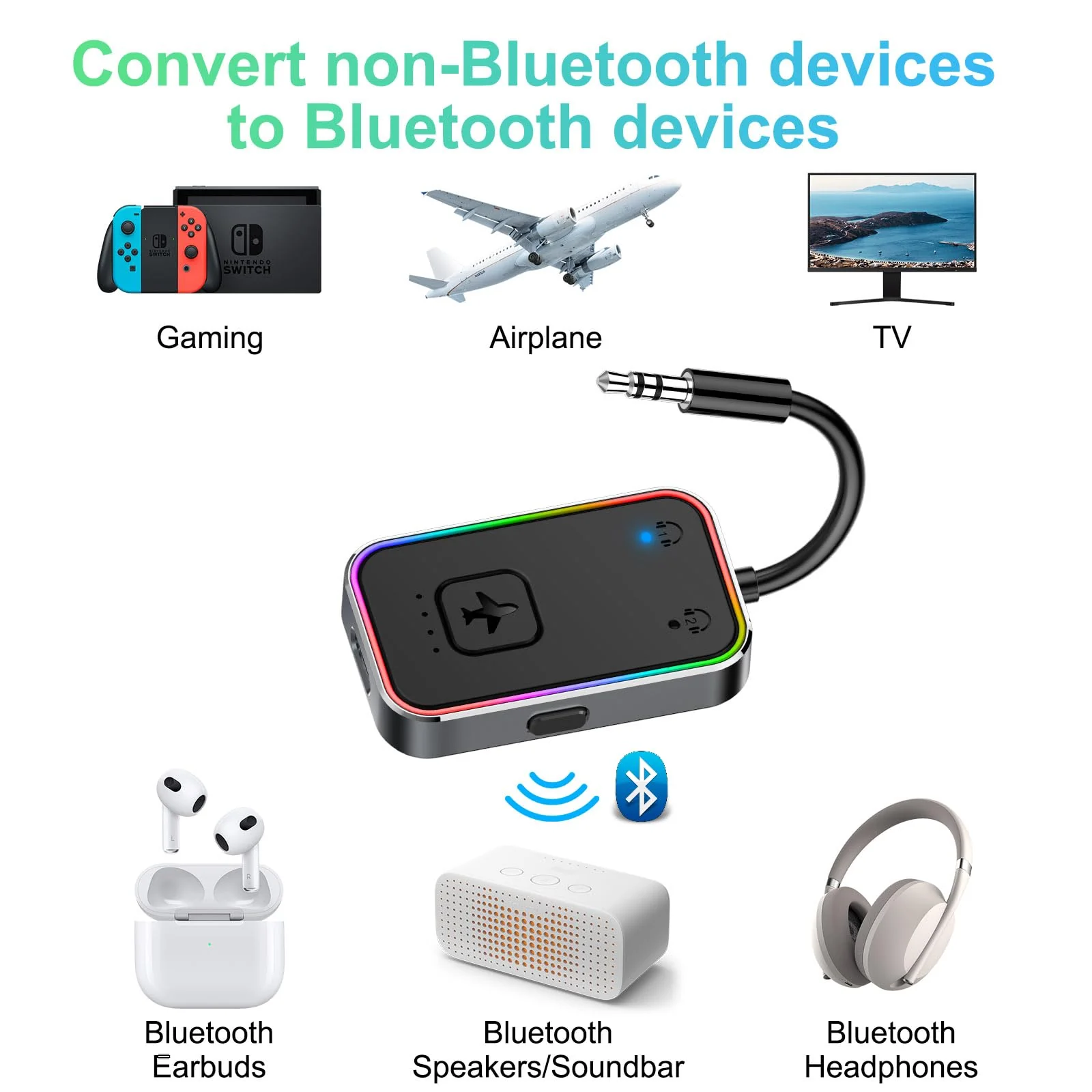 2024 Upgraded Pro Airplane Bluetooth 5.4 Transmitter for All Headphones, aptX LL, Supports 2 Headphones/AirPods, Wireless Audio Adapter for in-Flight, TV, Gym, Tablets,Metal Frame Black - Image 5