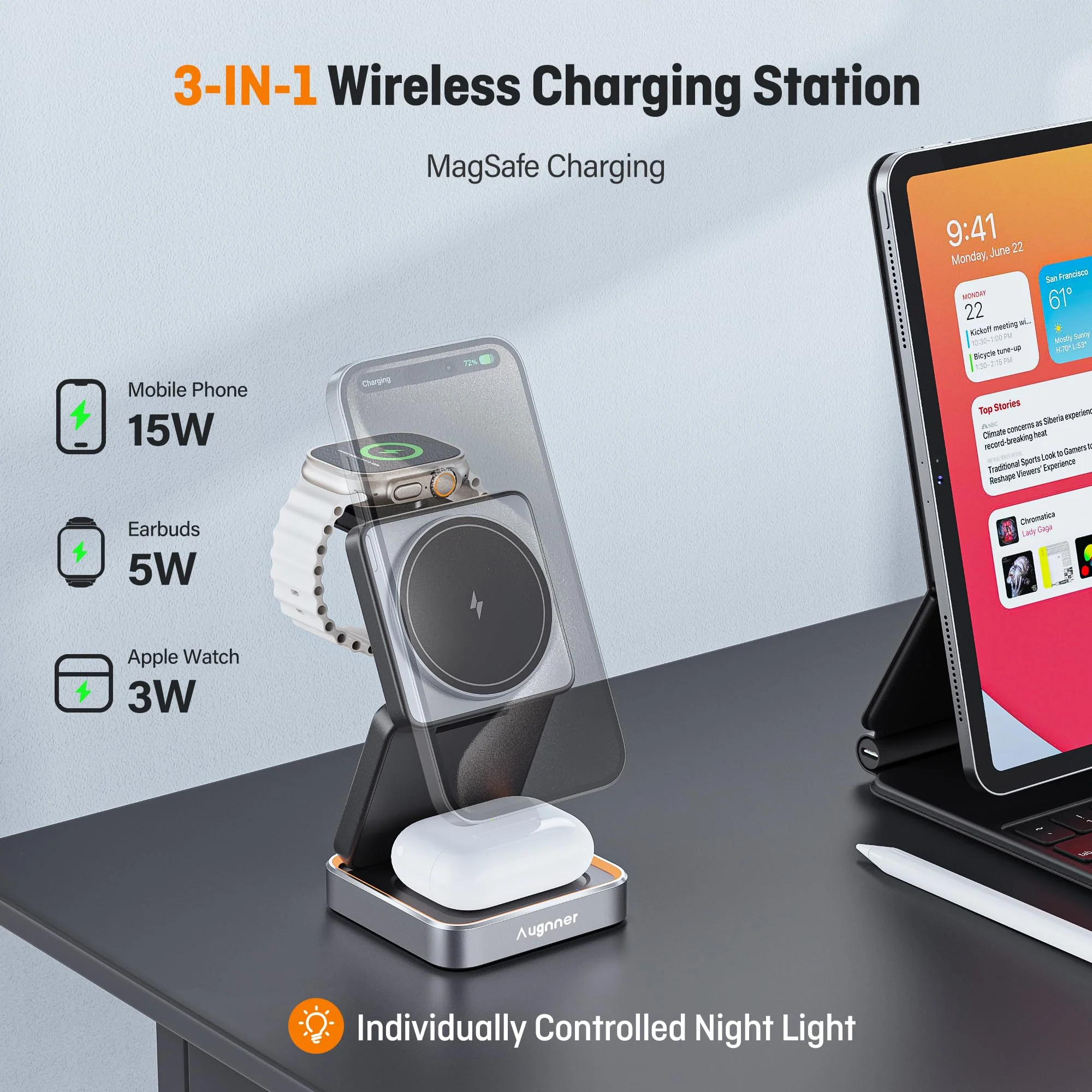 【2025 Upgraded】 Wireless Charger 3 in 1, Foldable Wireless Charging Station with Light for Apple MagSafe Charger, Travel Magnetic Charger, Nightstand Charging Station (PD 20W Adapter) black - Image 3