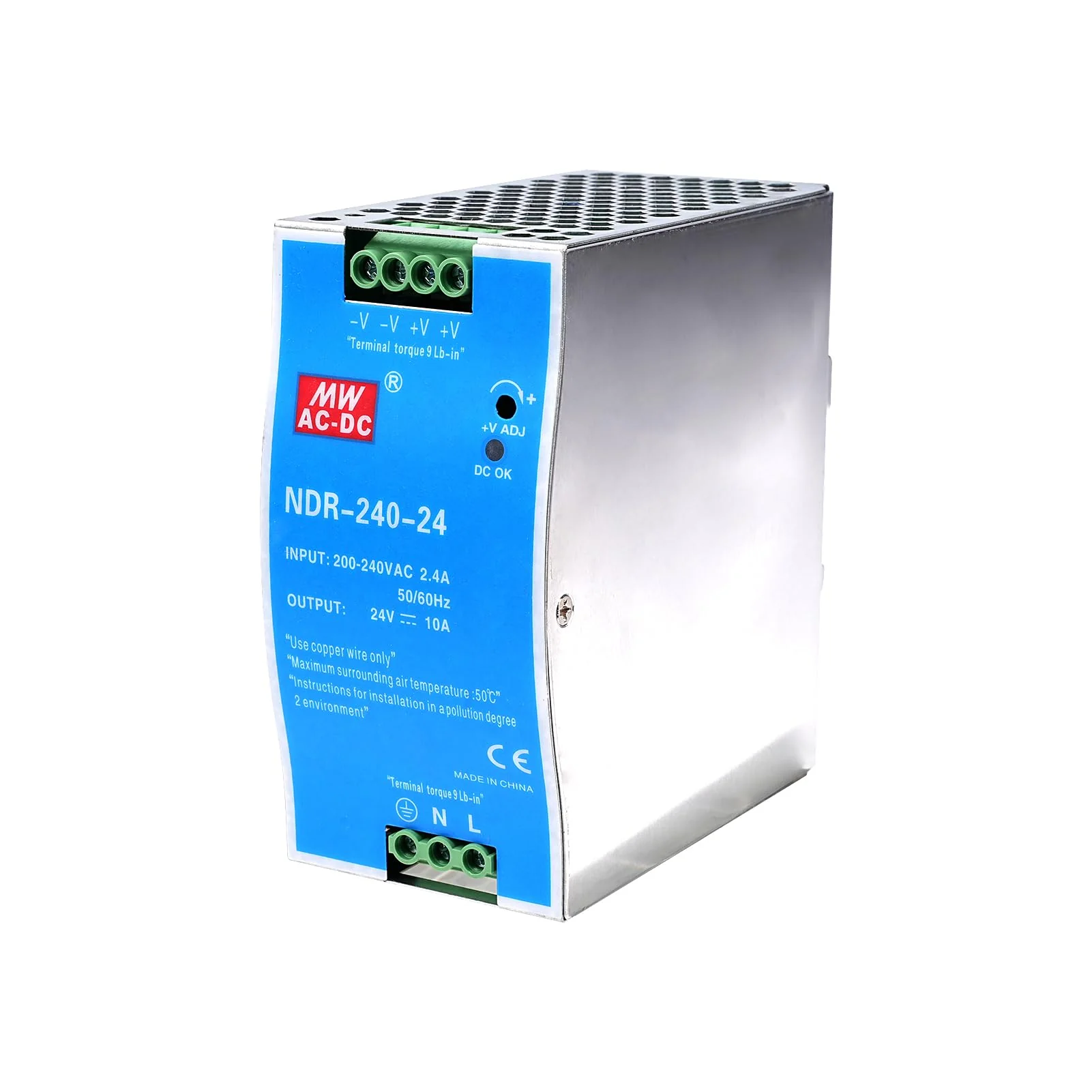 240W DIN Rail Power Supply 24V DIN Rail Switching Power Supply Input AC 100-220V 2.4A Output DC 24V 10A Multiple Protection Functions Industrial Model NDR-240W-24V 240W-10A