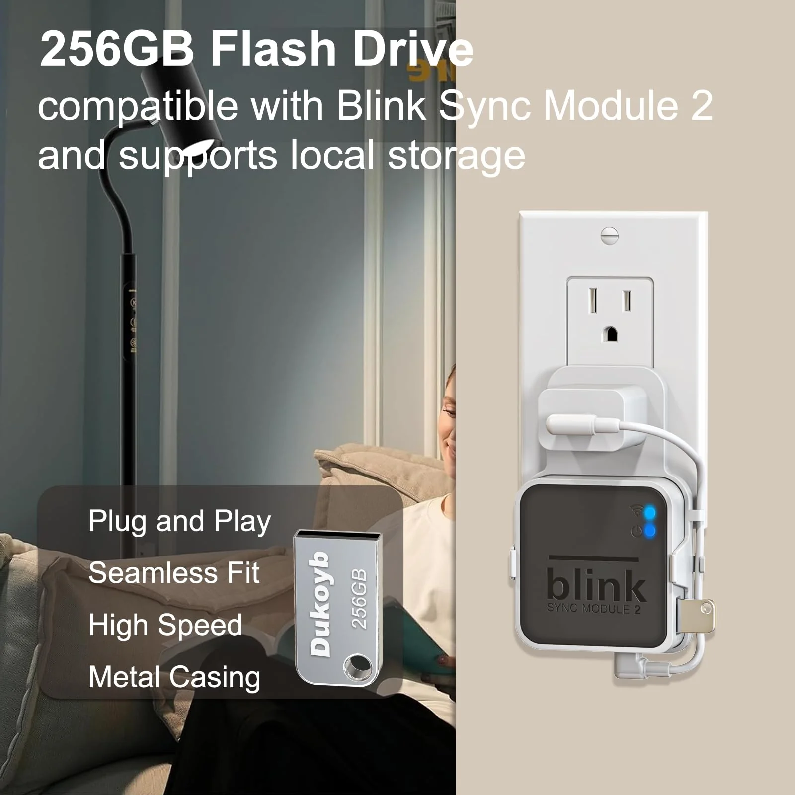 256GB Blink USB Flash Drive and Outlet Wall Mount for Blink Sync Module, with Short Cable Easy to Move Space Saving, USB Flash Drive for Blink Local Video Storage (Blink Sync Module 2 Not Included) - Image 2