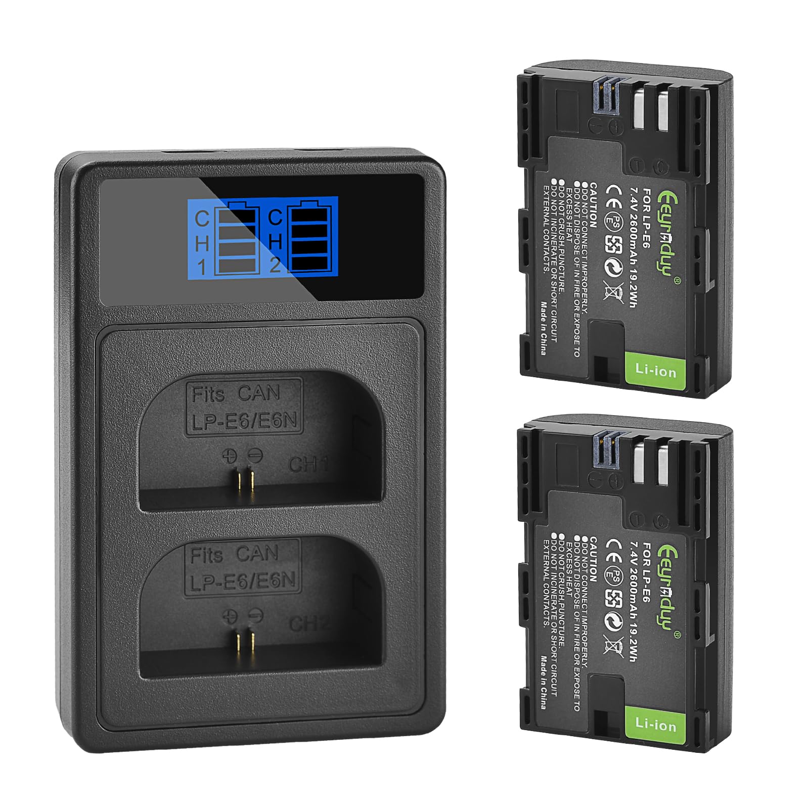 2600mAh 2-Pack of LP-E6 Batteries and Dual Battery Charger Replacement LP-E6 LP-E6N for Canon EOS R R5 R6 R7 60D, 70D, 80D,90D, 5DS R, 5D Mark II III IV, 6D, 7D, C700, XC15 Cameras