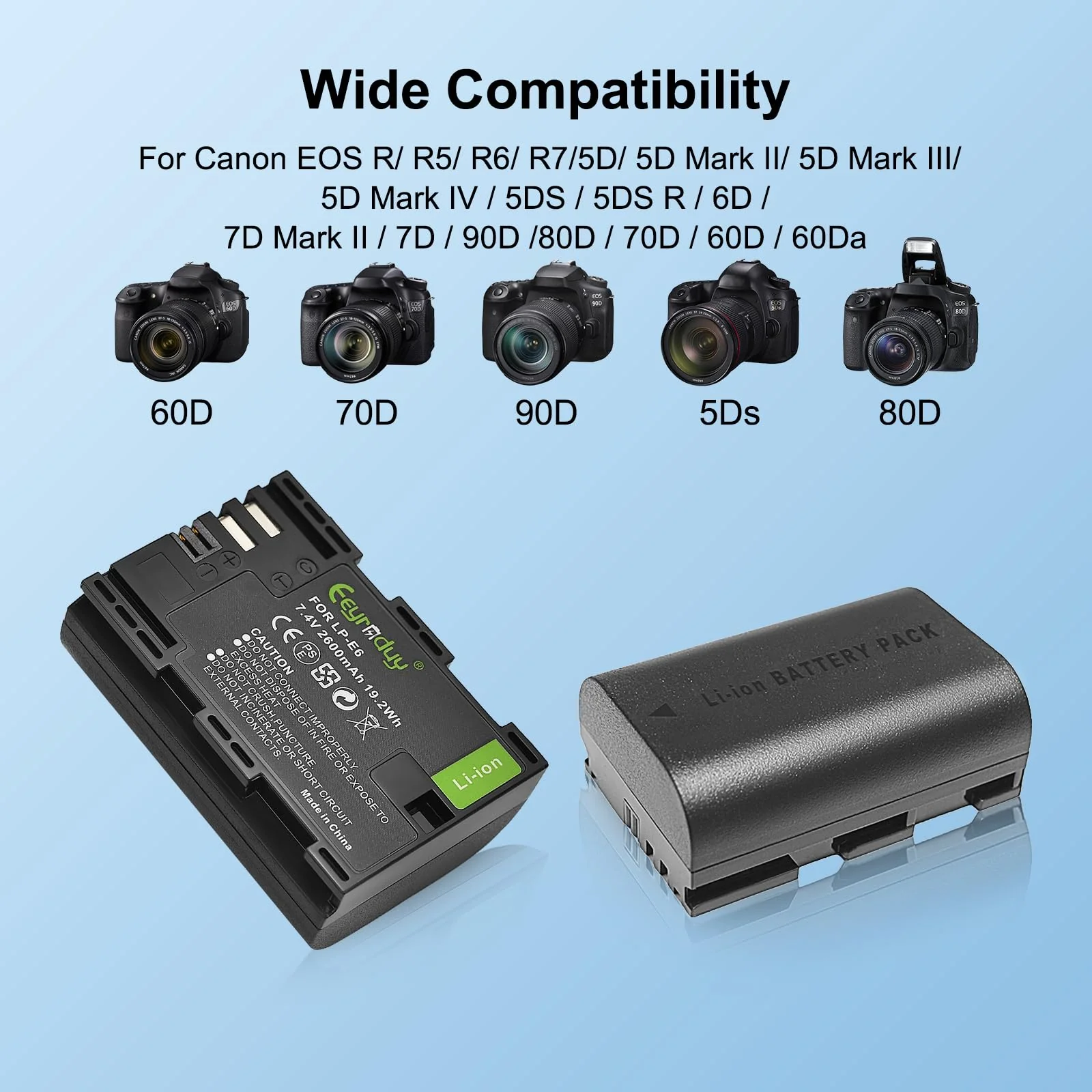 2600mAh 2-Pack of LP-E6 Batteries and Dual Battery Charger Replacement LP-E6 LP-E6N for Canon EOS R R5 R6 R7 60D, 70D, 80D,90D, 5DS R, 5D Mark II III IV, 6D, 7D, C700, XC15 Cameras - Image 2