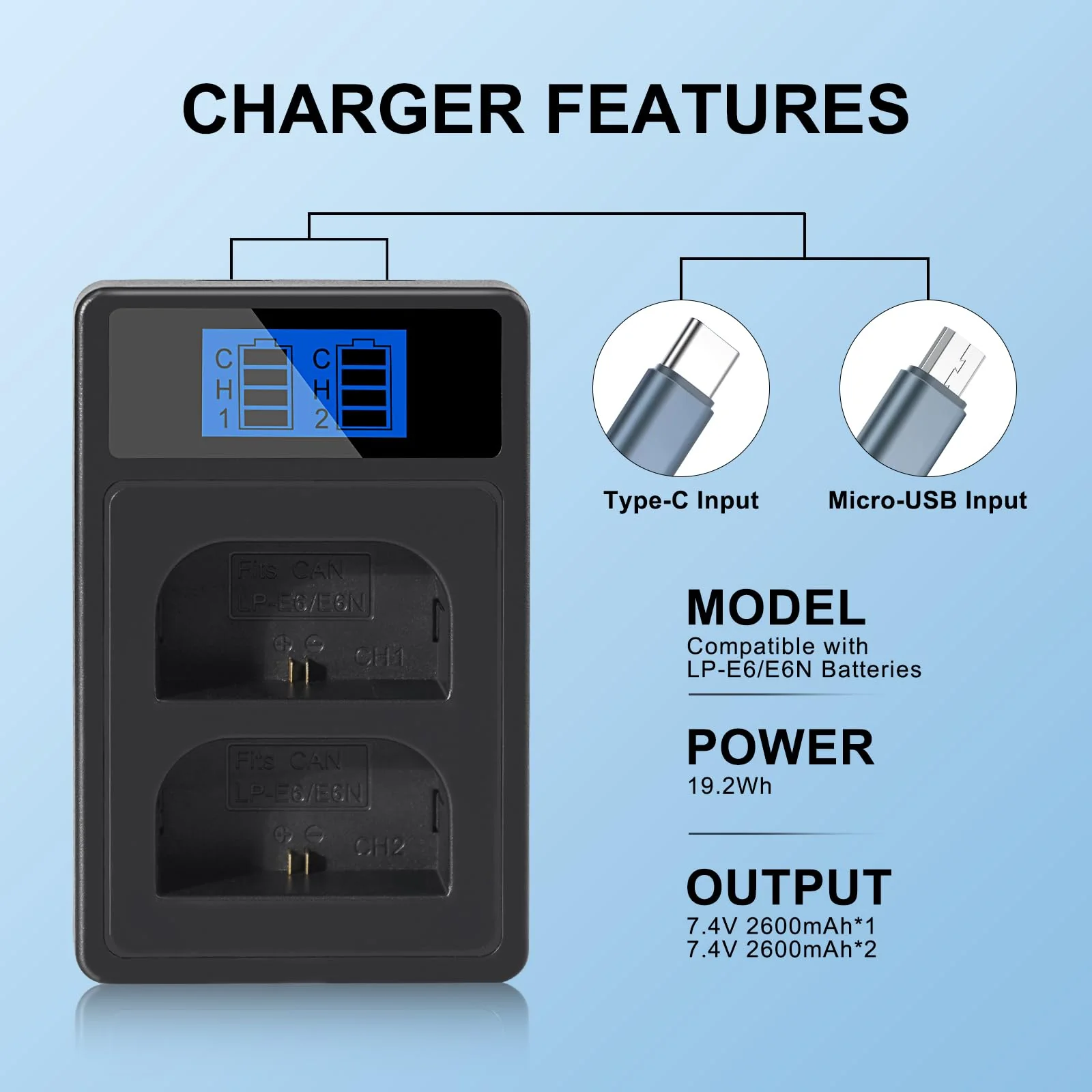 2600mAh 2-Pack of LP-E6 Batteries and Dual Battery Charger Replacement LP-E6 LP-E6N for Canon EOS R R5 R6 R7 60D, 70D, 80D,90D, 5DS R, 5D Mark II III IV, 6D, 7D, C700, XC15 Cameras - Image 4