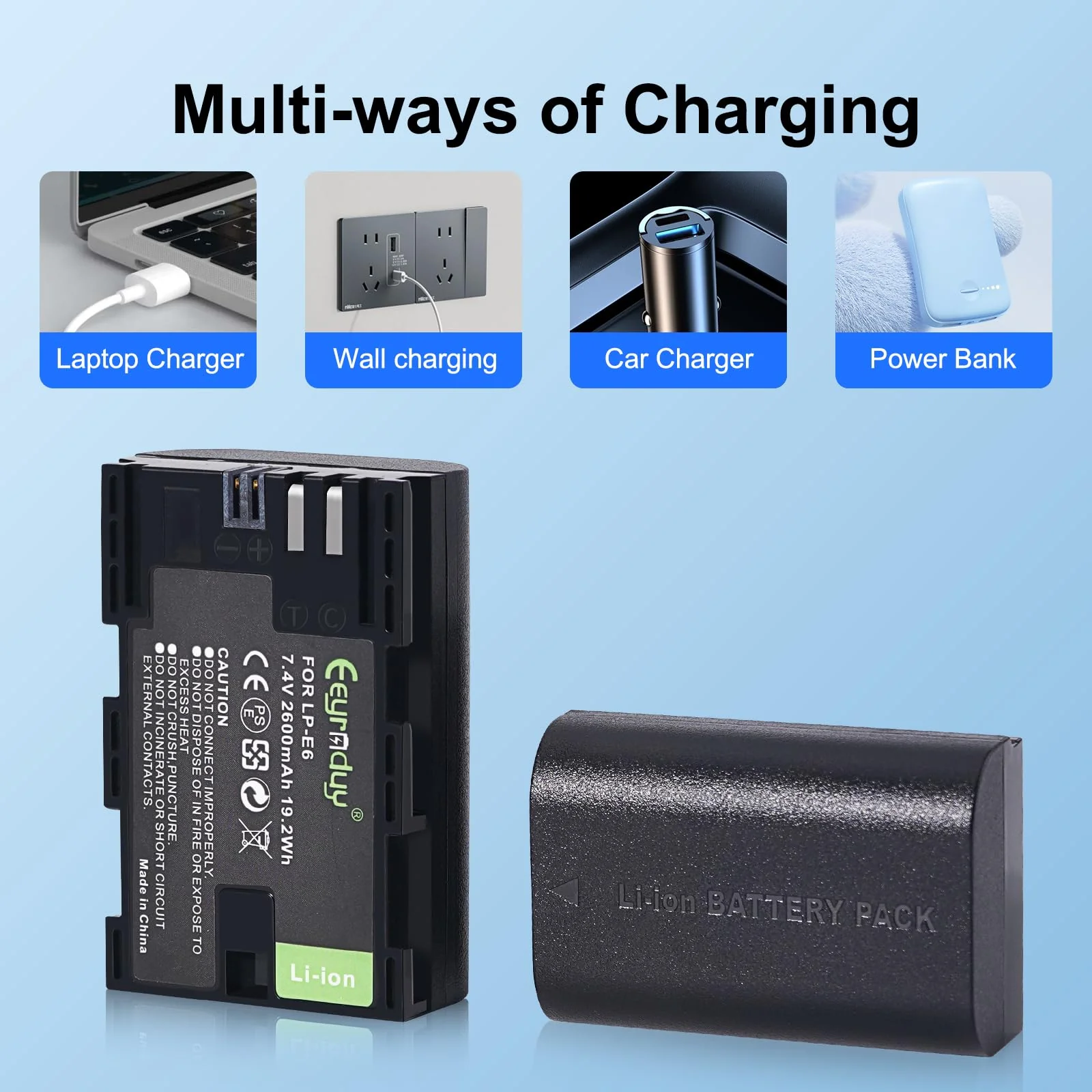 2600mAh 2-Pack of LP-E6 Batteries and Dual Battery Charger Replacement LP-E6 LP-E6N for Canon EOS R R5 R6 R7 60D, 70D, 80D,90D, 5DS R, 5D Mark II III IV, 6D, 7D, C700, XC15 Cameras - Image 5