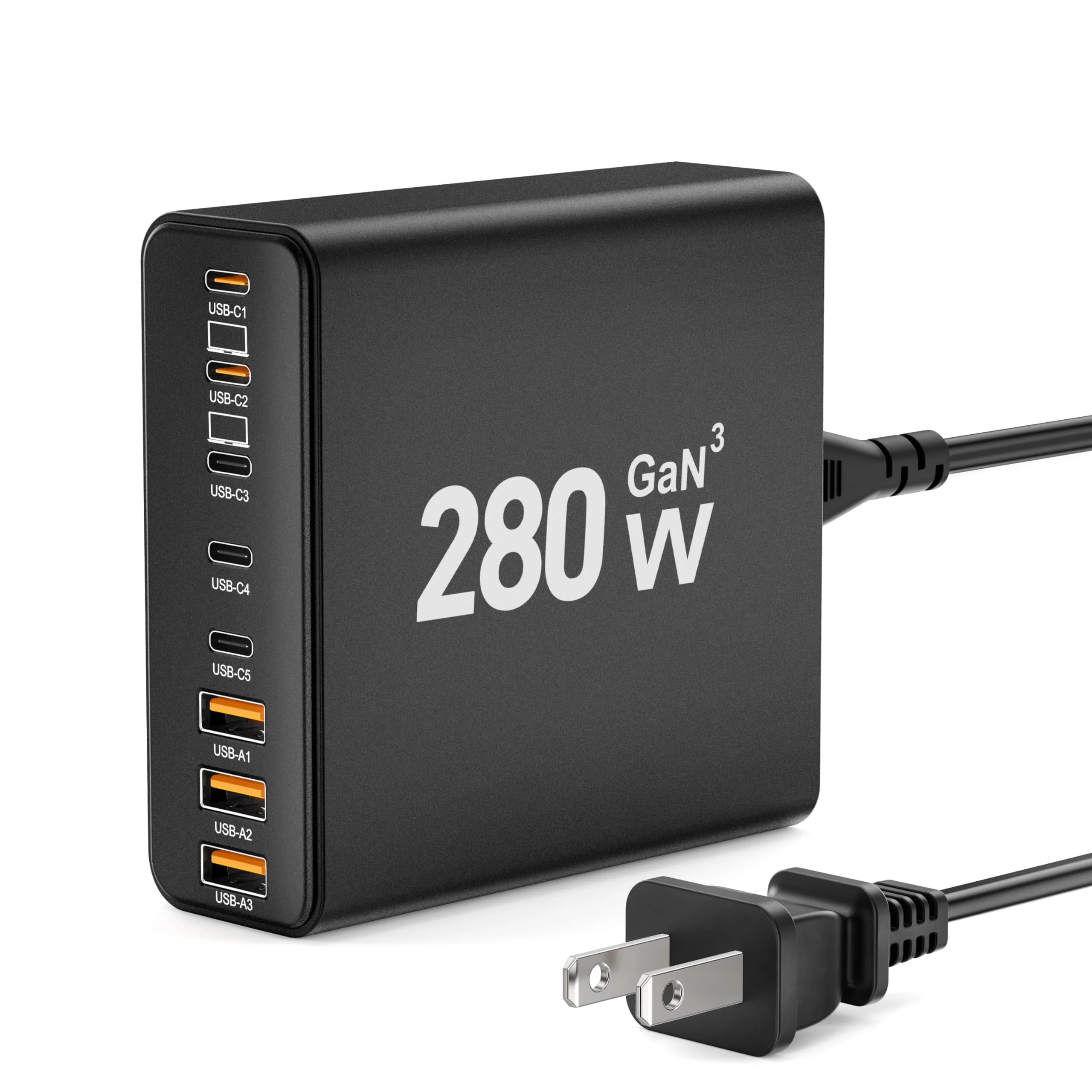 280W USB C Charger Block, 8-Port USB Charging Station GaN III PD 65W Laptop Charger Adapter Compatible with MacBookPro/Air,DELL,iPad,Portable Charging Station for iPhone,Samsung Galaxy (Black) Black