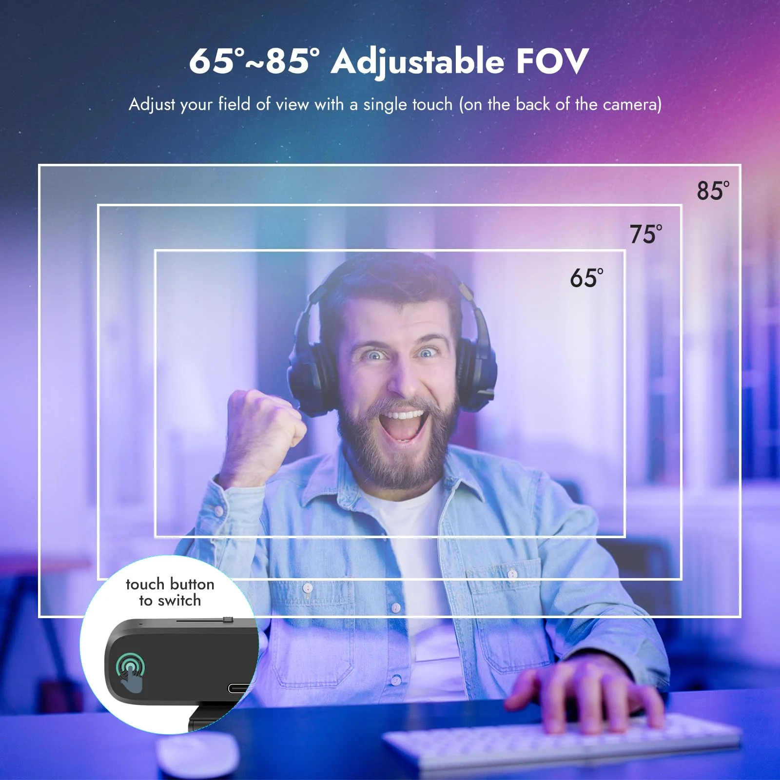 2K Streaming Camera, RC28 ProMiCam 1080p 60fps Webcam with Gaming Mic, Omnidirectional&Cardioid Pattern,Adjustable FOV, TOF Autofocus, Landscape/Portrait Mode, Web cam for Streaming/Gaming - Image 6