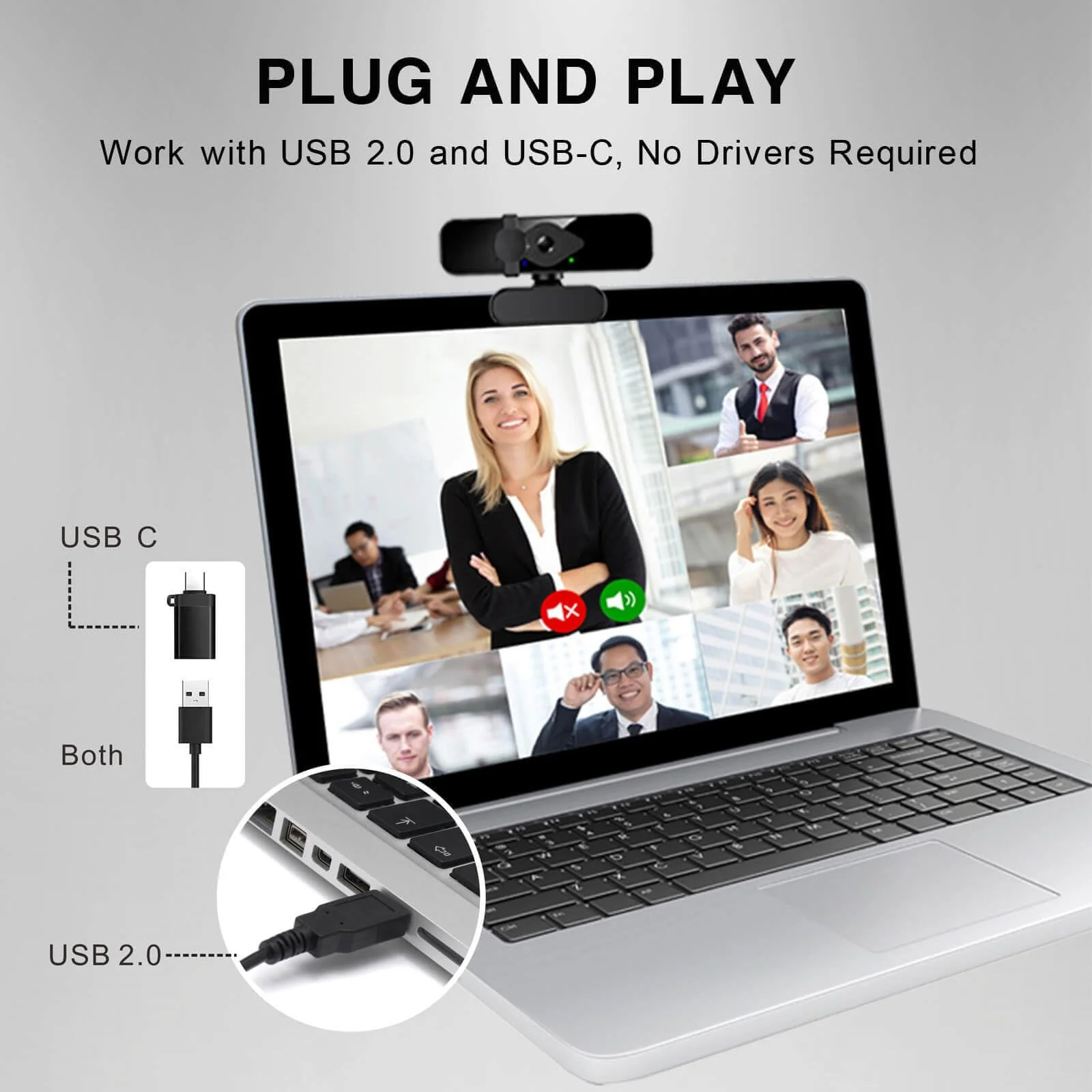 2K Ultra HD Webcam, Computer Camera, USB Webcam for PC Monitor Laptop Desktop - External Web Camera with Microphone, USB C adapter, Privacy Cover for Video Conferencing, Streaming & Online Learning 2K Webcam + USB C Adapter - Image 4