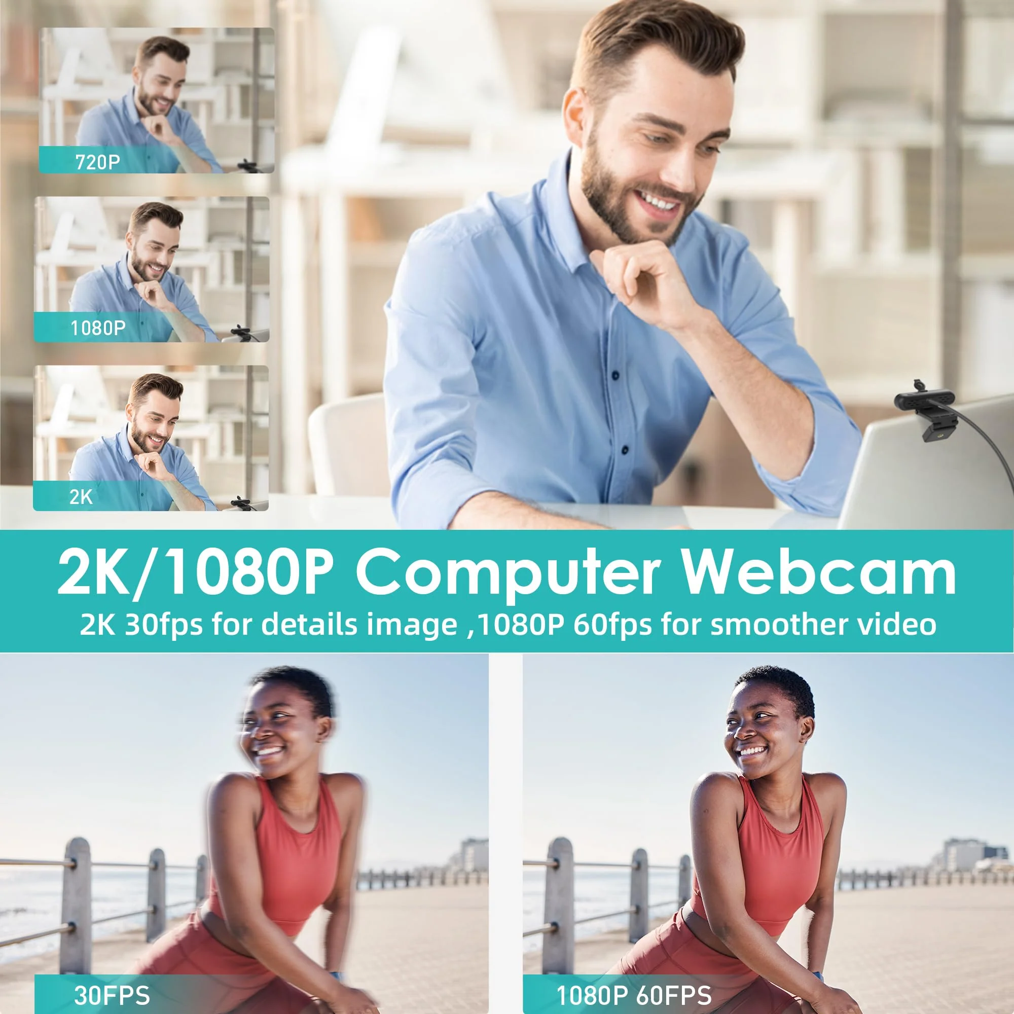 2K Webcam, SAYLAS FHD Streaming Camera with 2K/30fps, 1080P/60fps, Autofocus, Dual Noise-Cancelling Microphones, Privacy Cover and Tripod, for Computer/Zoom/Skype/Teams/Laptop/MacBook/Windows - Image 2