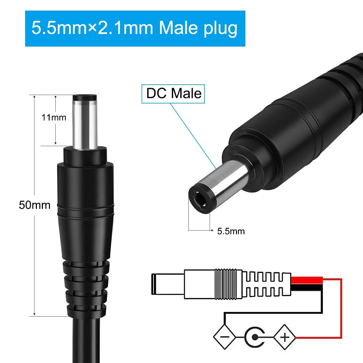 2Pack 16AWG DC Plug Connector DC Power Pigtails Cable,2.1mm x 5.5mm DC Male Plug to Bare Wire Open End,12 Volt DC Barrel Supply Adapter Repair Cord for CCTV Security Camera,12v LED Strip Light 3FT - Image 2