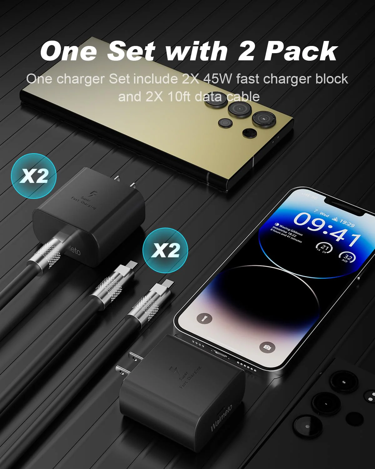 2Pack 45W Type C Charger Fast Charging, Waimeto Super Fast Charger USB C with 2X 10ft Type C to C Long Charging Cable for Samsung Galaxy S24 Ultra/S24/S23/S22 Ultra/S22+/S22 Plus/S21+/Note 20/Note10+ - Image 9