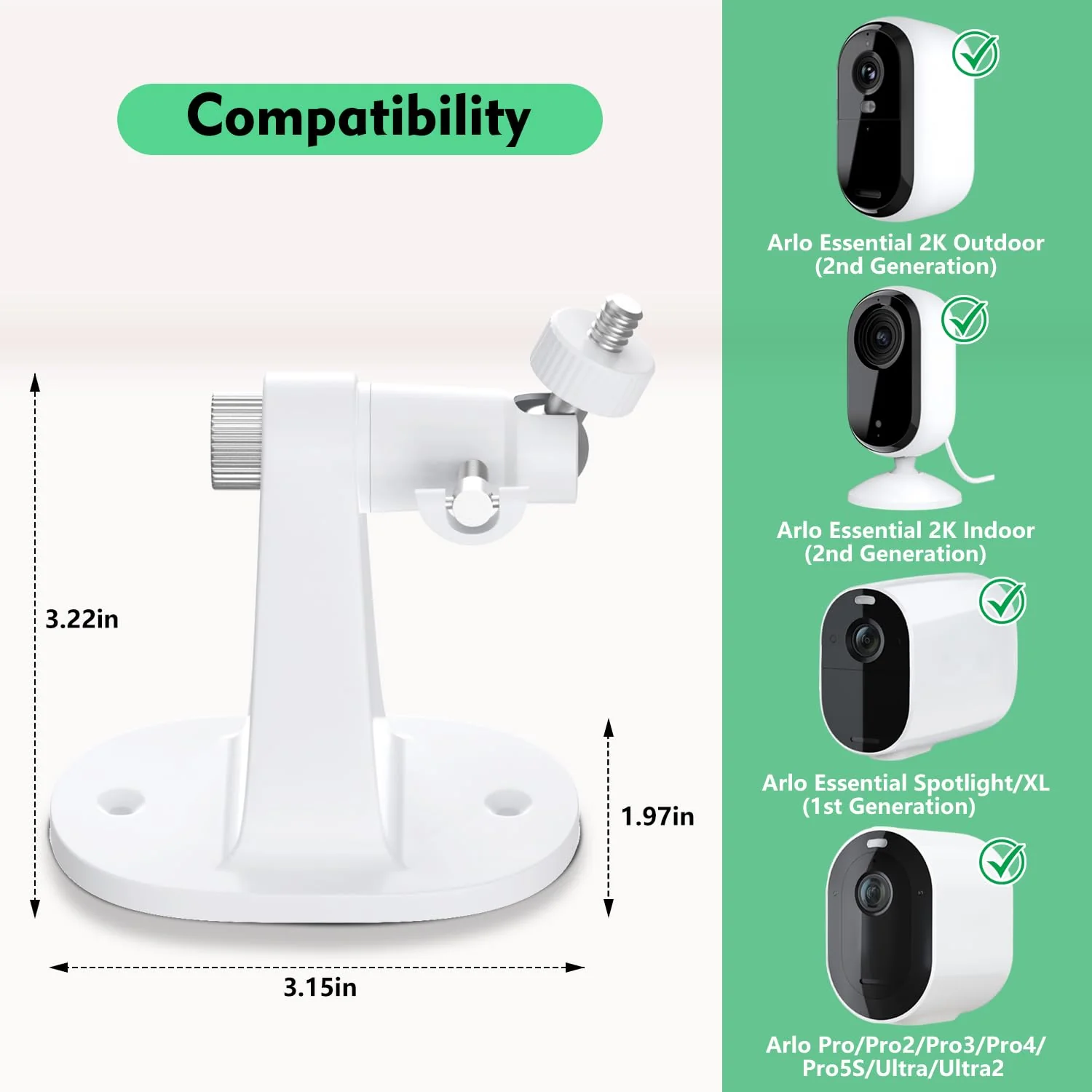 2Pack Adjustable Mount for Arlo Essential 2K Indoor/Outdoor(2nd Generation), for Arlo Pro 5S/Pro 4/Pro 3/Pro 2/Pro/Arlo Ultra2/Ultra/Arlo Essential Spotlight Camera, No-Drill Security Wall Mount White - Image 2