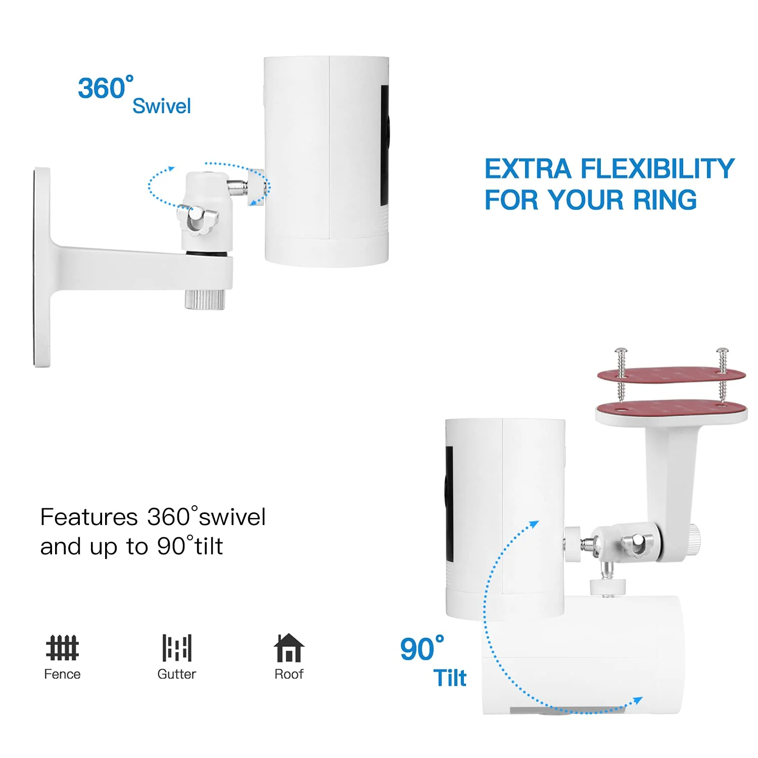 2Pack Adjustable Security Wall Mount Bracket for Ring Stick Up Cam & Ring Indoor Cam, Perfect View Angle for Your Ring Surveillance Camera - White - Image 4