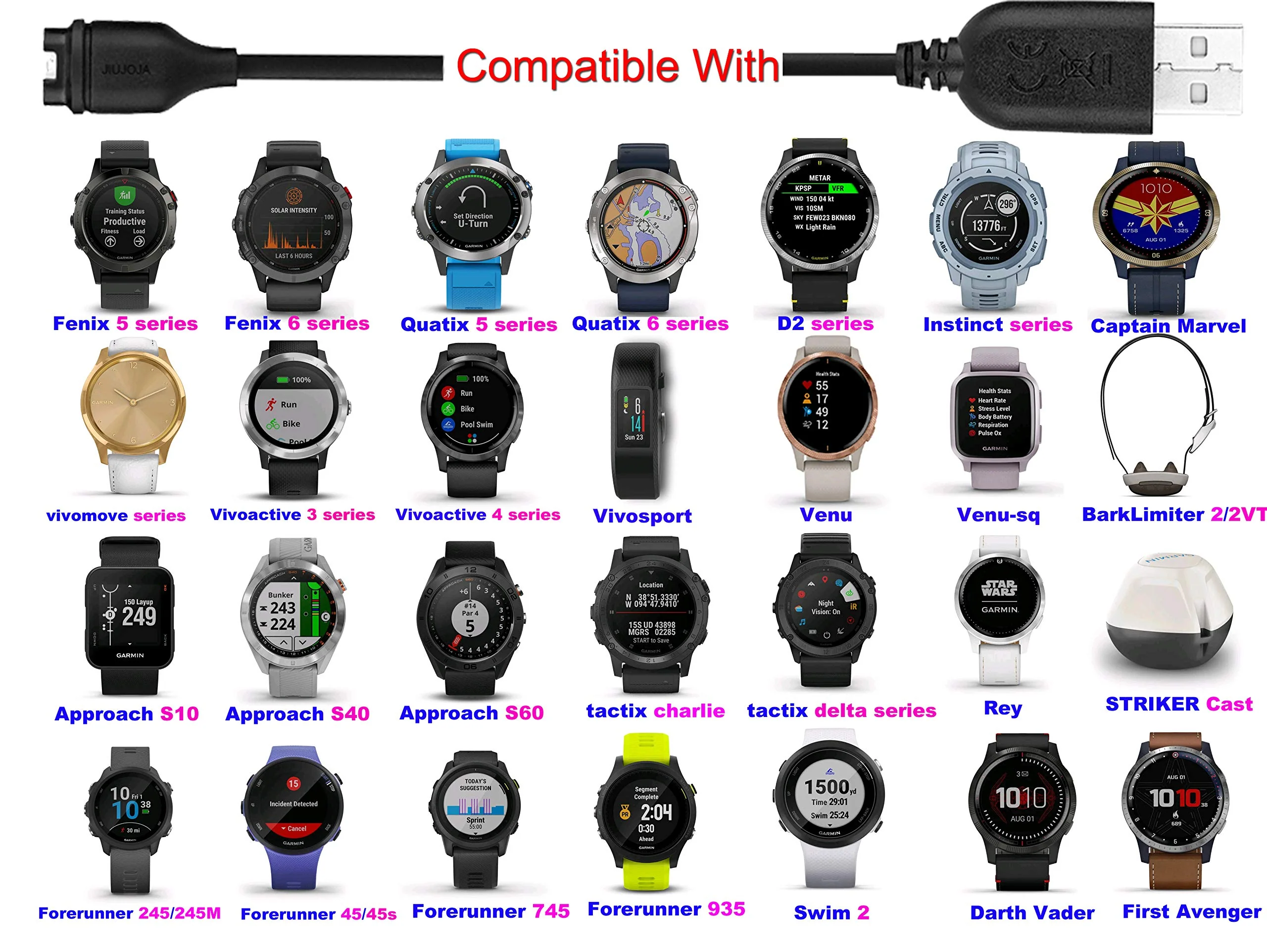 2Pack for Garmin Fenix 5/6/7,Fenix 7 7S 7X Pro Sapphire,Forerunner 935 945 45 45S 245,Approach S10 S40 S60 X10,Quatix 5 Sapphire,Vivoactive 3 4 4S,Vivomove 3 3S,Vivosport Smart Watch 2Packs cables (120cm+120cm) 2Packs Standard Packaging - Image 2