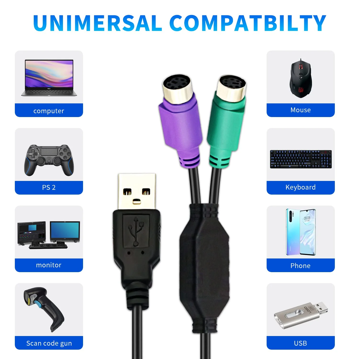 2Pack PS2 to USB Adapter Cable PS/2 Female to USB Male Converter Connector Adapter for PC Keyboard - Image 6