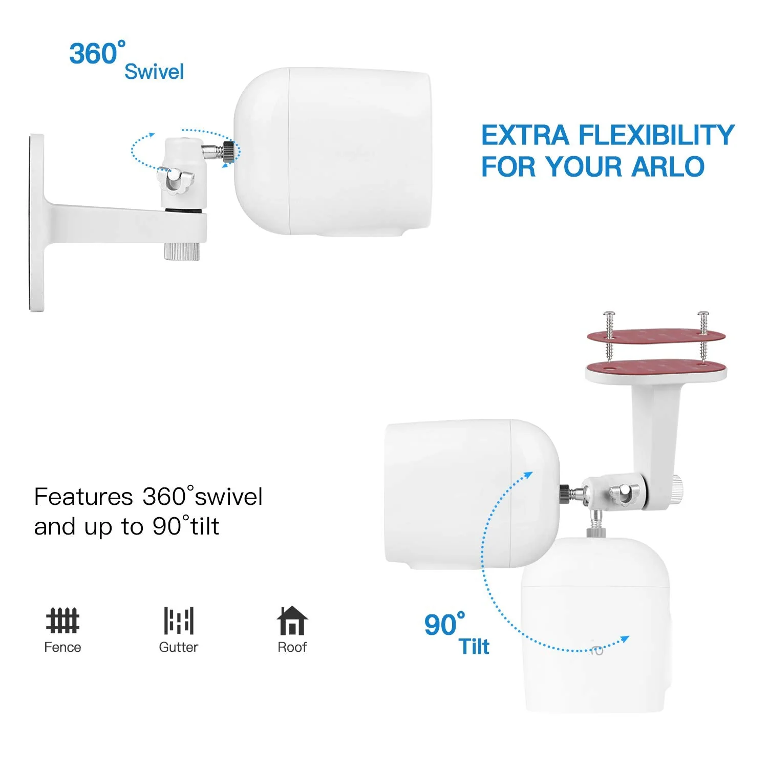 2Pack Security Wall Mount for Arlo Pro, Arlo Pro 2, Arlo Ultra, Arlo Pro 3, Arlo Go, Arlo Essential Spotlight Camera, Adjustable Indoor/Outdoor Mounting Bracket for Your Surveillance Camera (White) White - Image 4