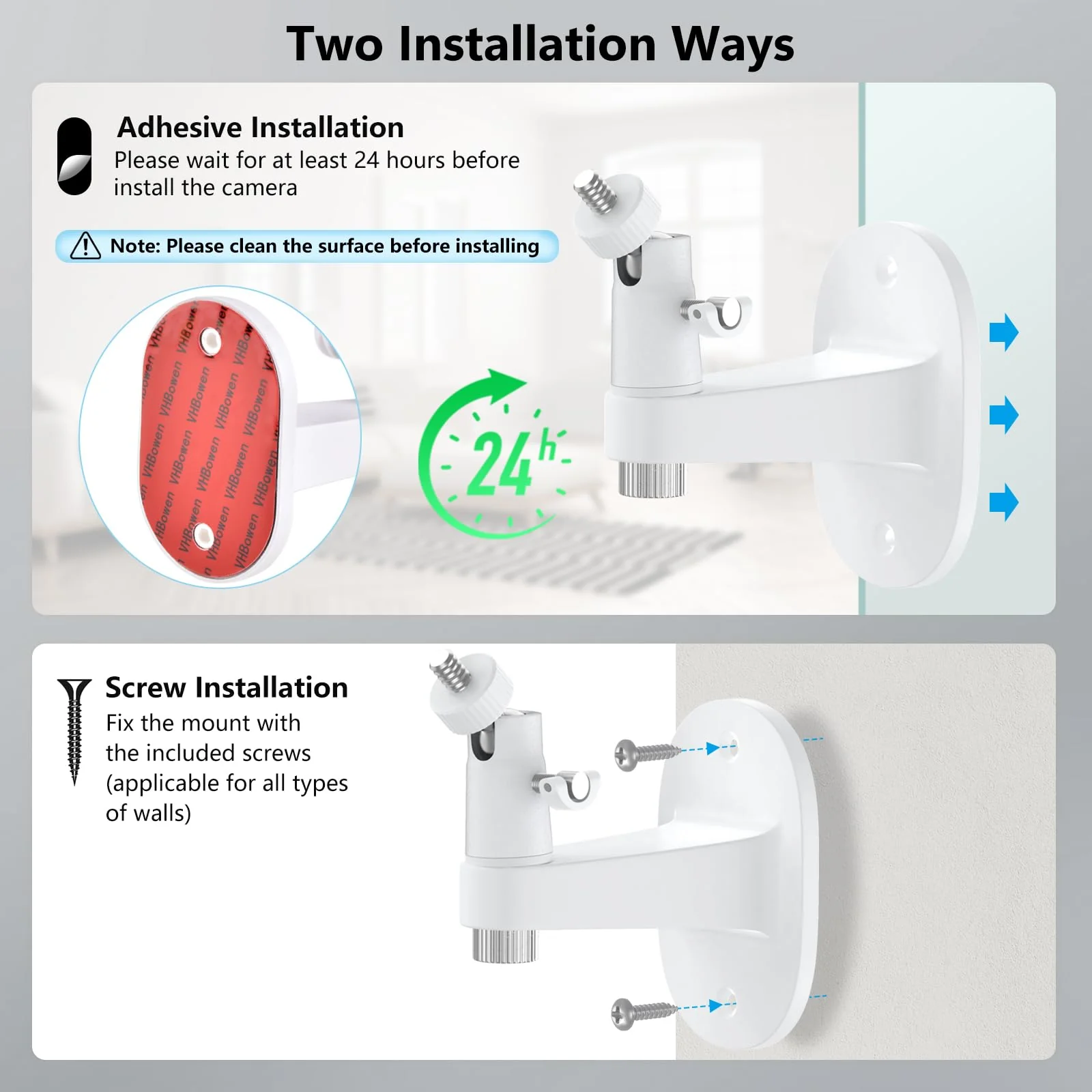 2Pack Security Wall Mount for Ring Stick Up Cam Battery/Plug-in 3rd Gen/Stick Up Camera Pro Battery/Ring Indoor Cam(1st Gen), Adjustable Ring Outdoor Indoor Camera Mount with Two Installation Ways White - Image 5