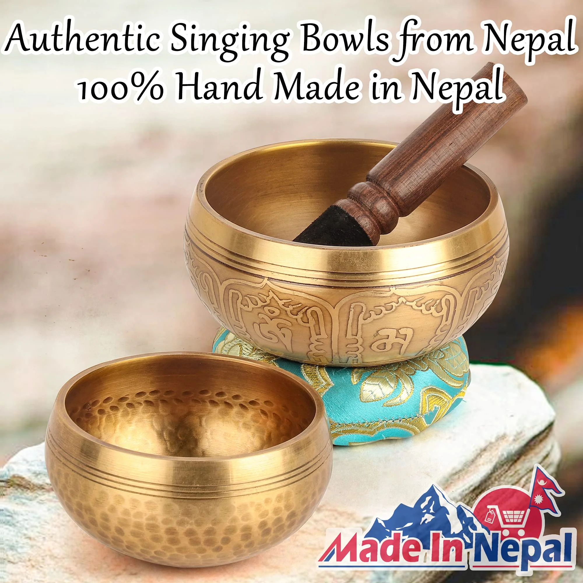 2Pack Tibetan Singing Bowls Set-100% Handmade in Nepal Sound Bowl Meditation Set for Meditation, Yoga, Chakra, Meditation Gifts, Unique Gifts for Women (Blue, 3.15 + 4 inch) Blue - Image 4